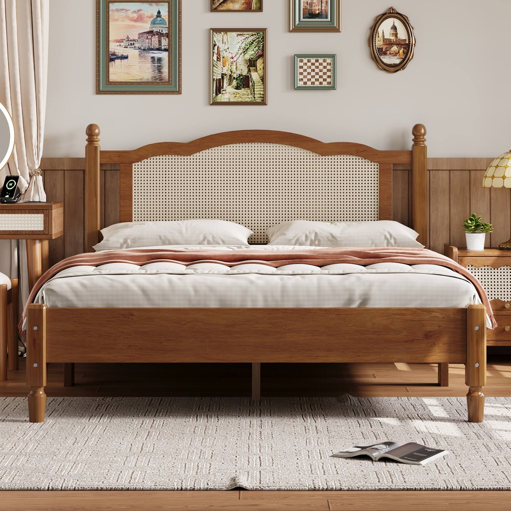 Front. GOODSILO - Vintage Rattan Headboard Queen Size Platform Bed Frame with Wooden Slat Support - Walnut.