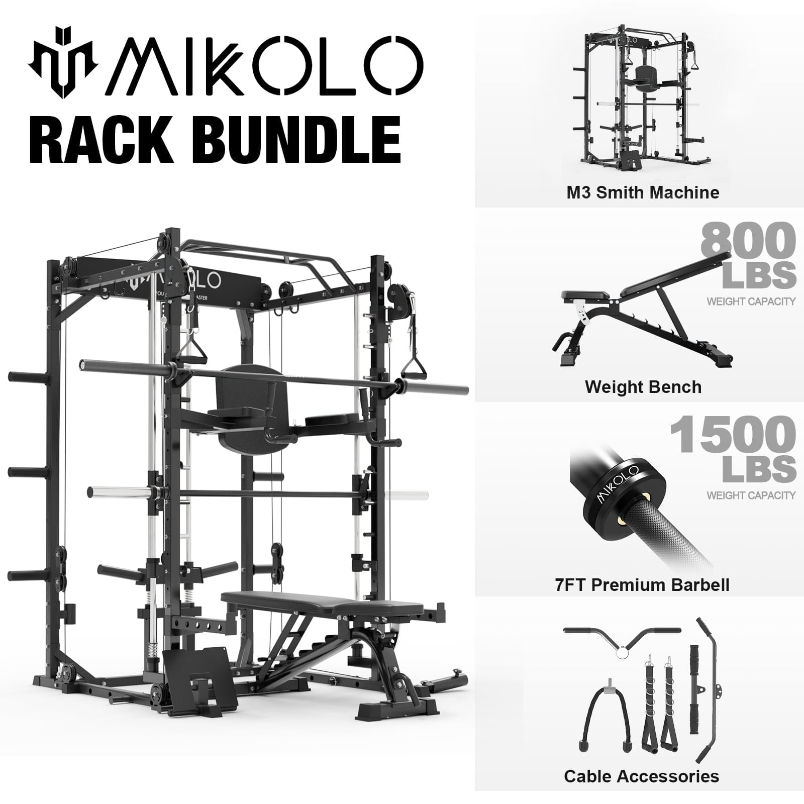 Mikolo - Smith Machine, 2000 lbs Weight Rack ,Multi-Function Squat Rack with J Hooks,Dip Bars and Landmine - Black