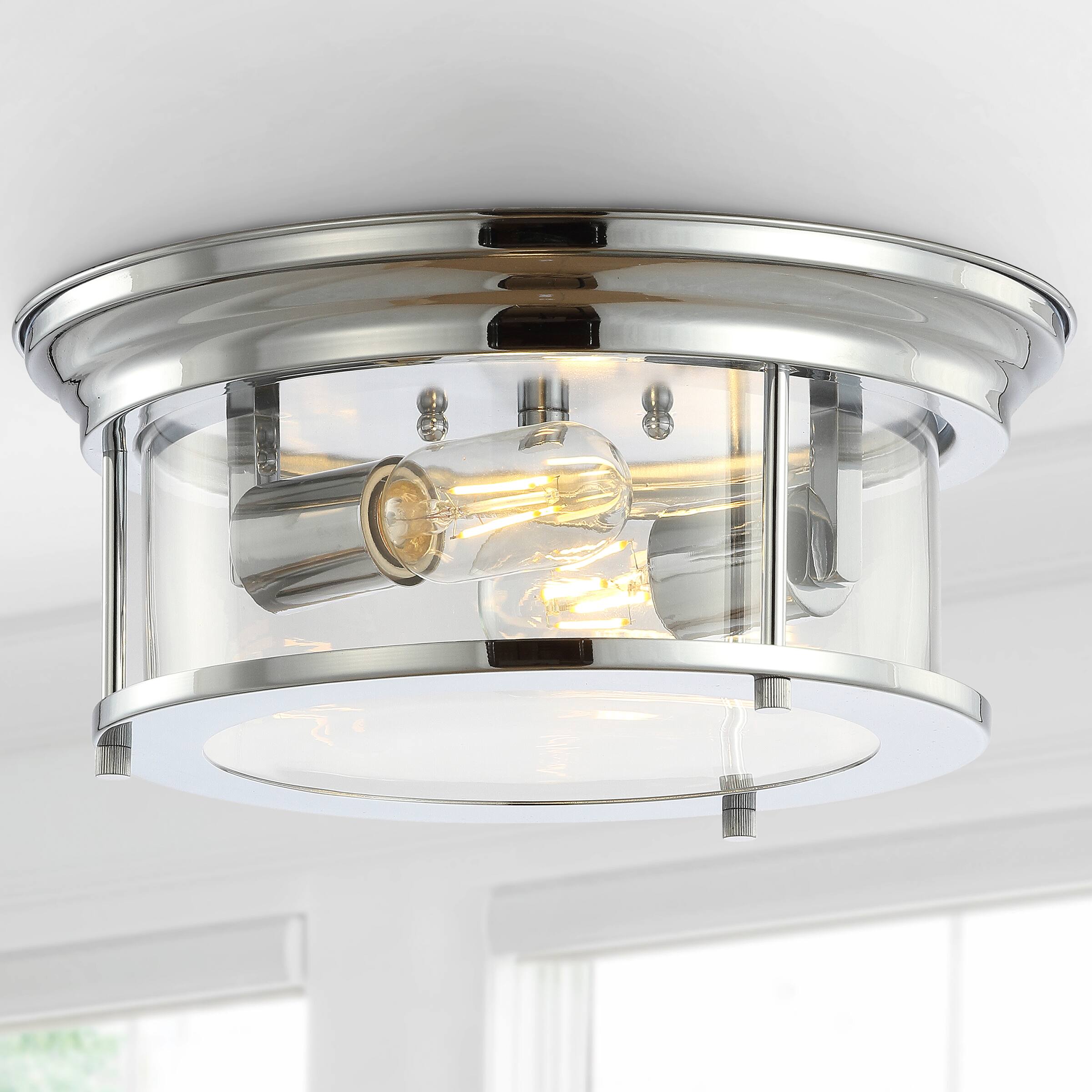 Alt View 1. Jonathan Y - Lauren 13.25" 2-Light Metal/Glass LED Flush Mount, Chrome - Chrome.