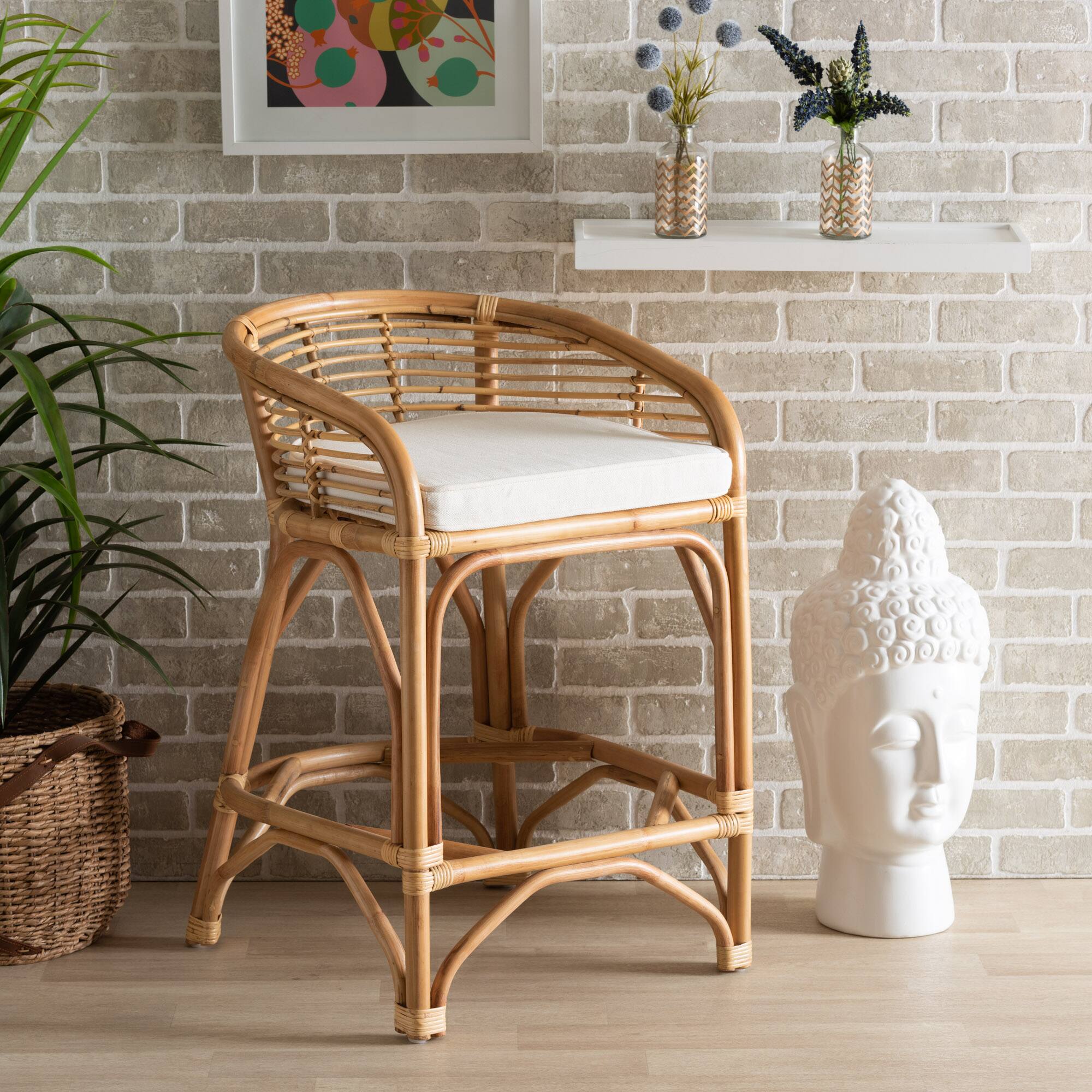 Alt View 4. bali & pari - Maverick Modern Bohemian Fabric Upholstered and Natural Rattan Counter Stool - White/Natural Brown.
