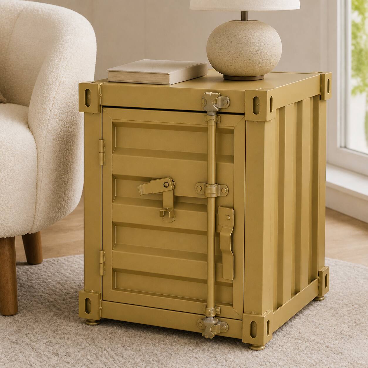 Alt View 4. VIVZONE - Modern Industrial Gold Metal Shipping Container Side Table with Lockable Shelf - Gold.