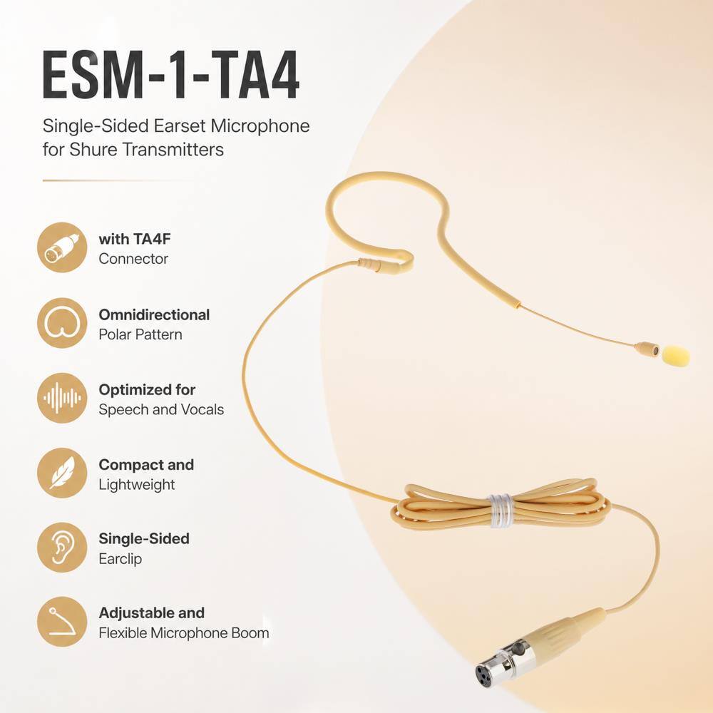 ESM-1-TA4 Single-Sided Earset Microphone for Shure Transmitters  
with TA4F Connector  
Omnidirectional Polar Pattern  
Optimized for Speech and Vocals  
Compact and Lightweight  
Single-Sided Earclip  
Adjustable and Flexible Microphone Boom