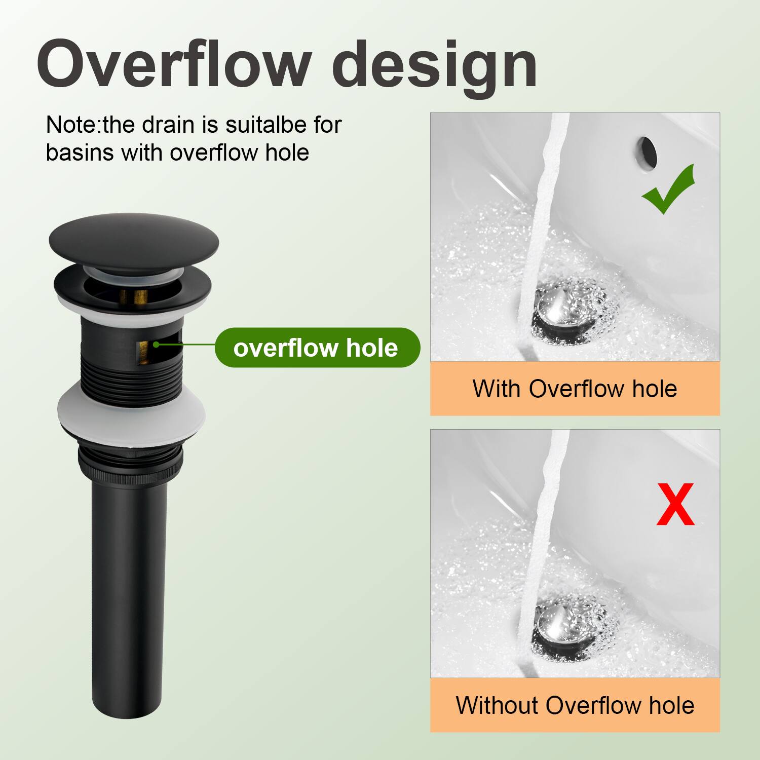 Overflow design

Note: the drain is suitable for basins with overflow hole

- With Overflow hole
- Without Overflow hole