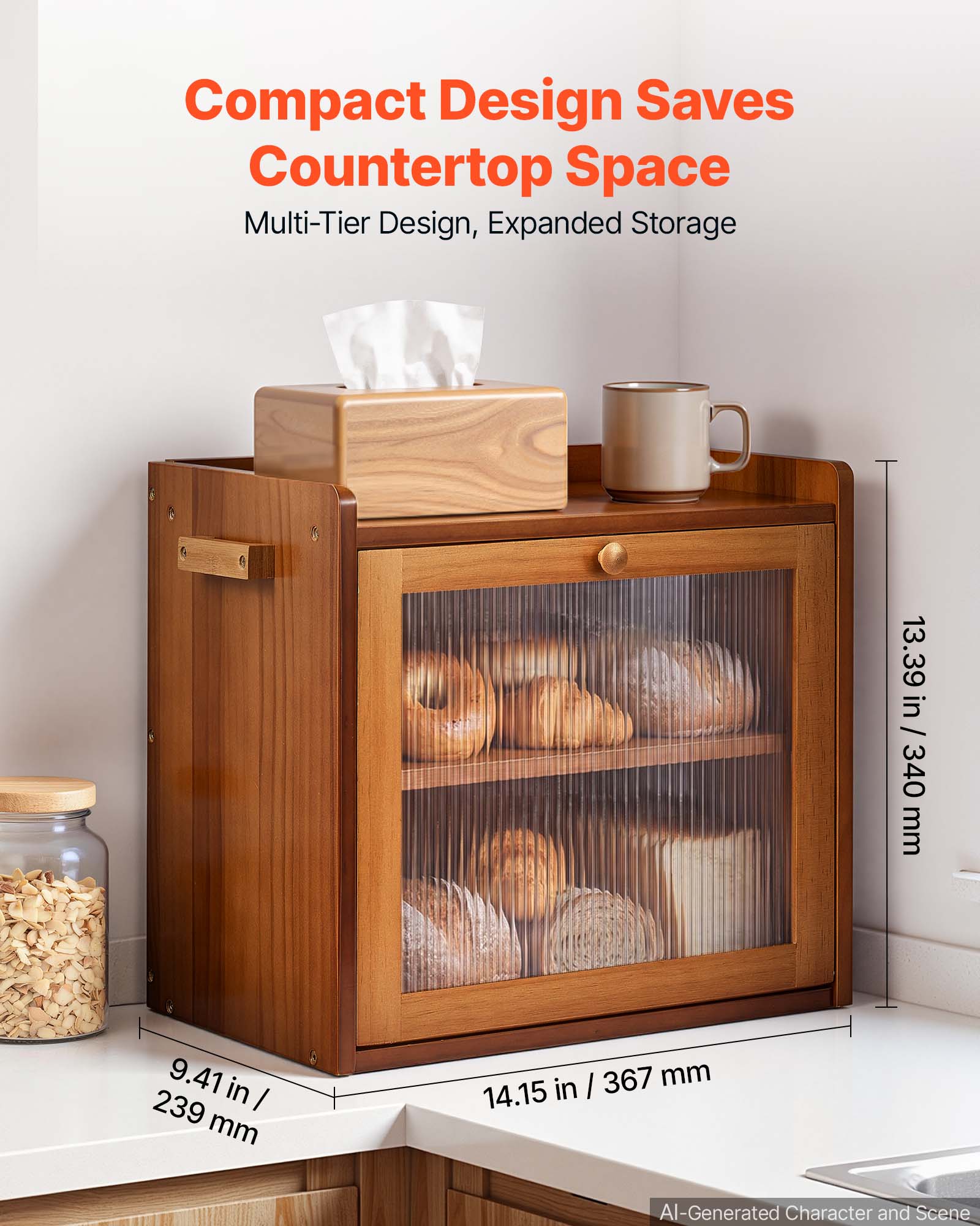 Compact Design Saves Countertop Space  
Multi-Tier Design, Expanded Storage  

13.39 in / 340 mm  
9.41 in / 239 mm  
14.15 in / 367 mm  

AI-Generated Character and Scene