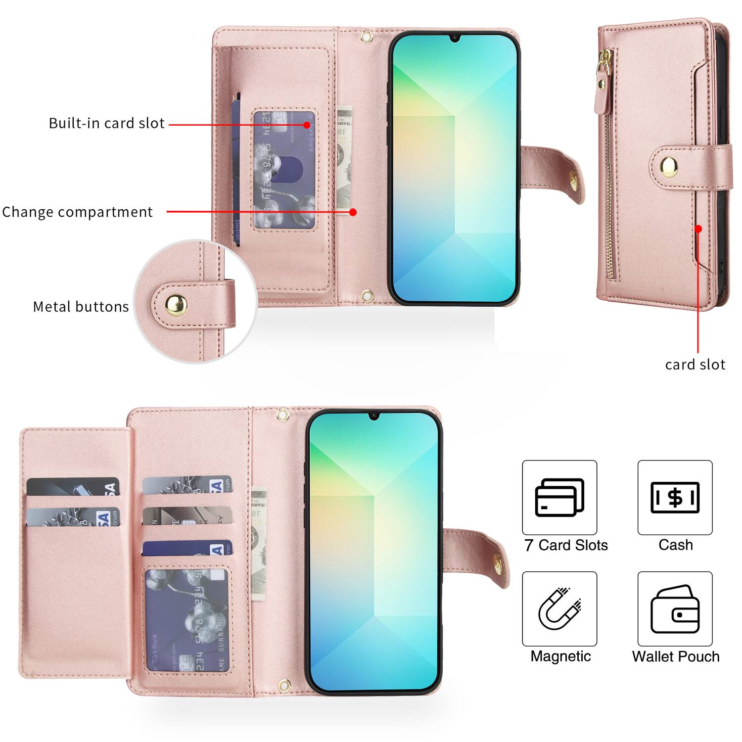 Built-in card slot  
Change compartment  
Metal buttons  
Card slot  

7 Card Slots  
Cash  
Magnetic  
Wallet Pouch