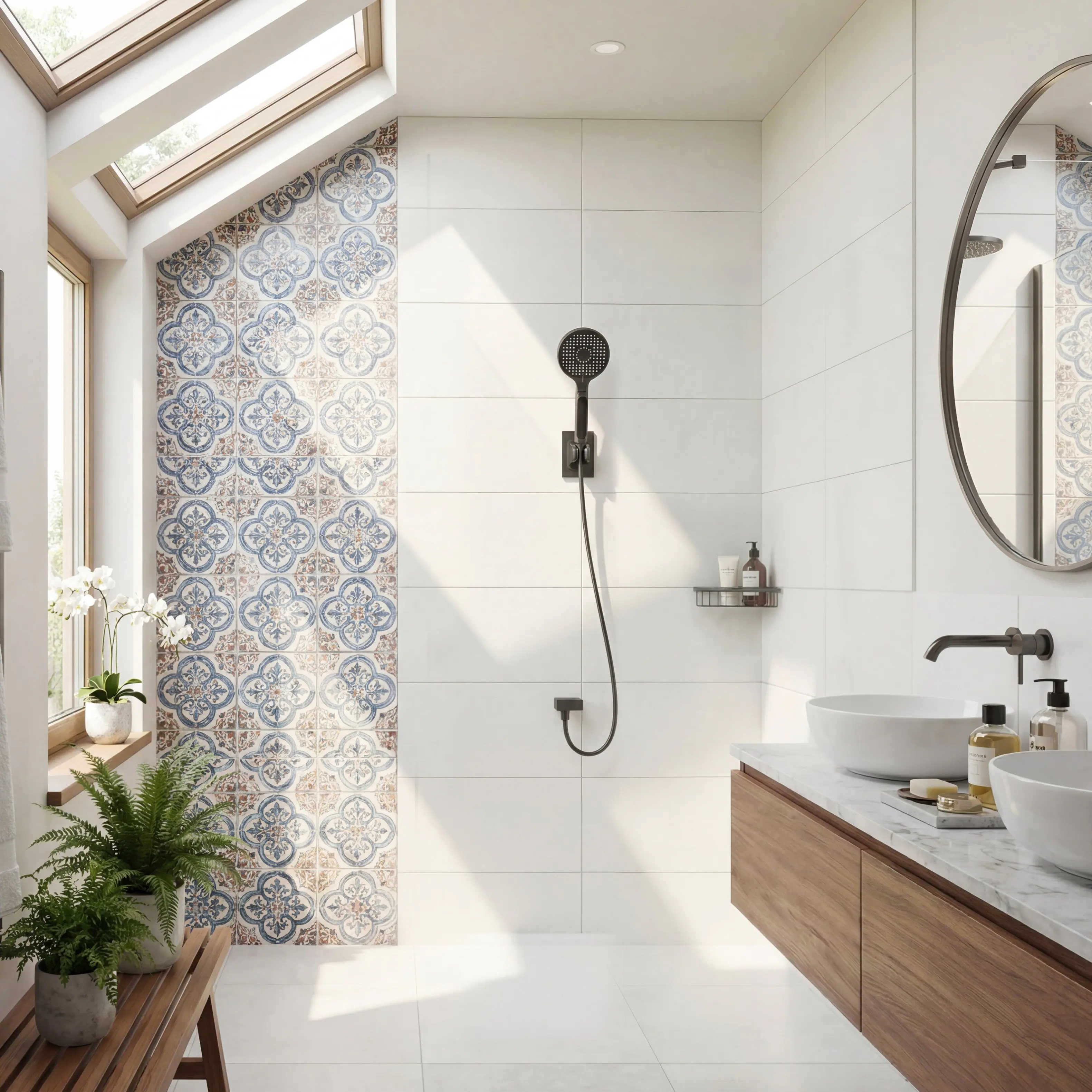 Left. Famapy - Gray Digital Shower Head - Handheld with Temperature Display & 4 Spray Modes, 59" Hose, Modern Bathroom Fixture - Gray.