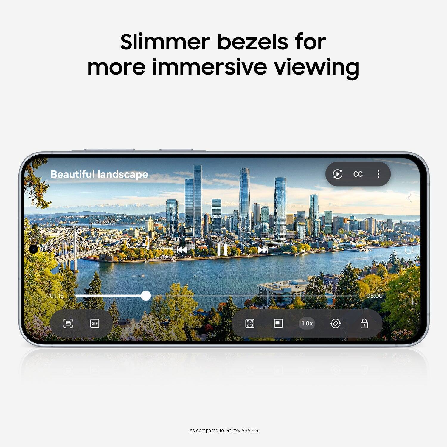 Slimmer bezels for more immersive viewing  
Beautiful landscape  
01:15 05:00 GFF 1.0x  
As compared to Galaxy A56 5G