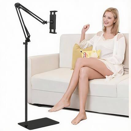 Front. OMOMMD - Tablet Floor Stand With Heavy Duty Base Overhead Bed Phone Angle Height Adjustable Arm Stretchable Holder C... - Default.