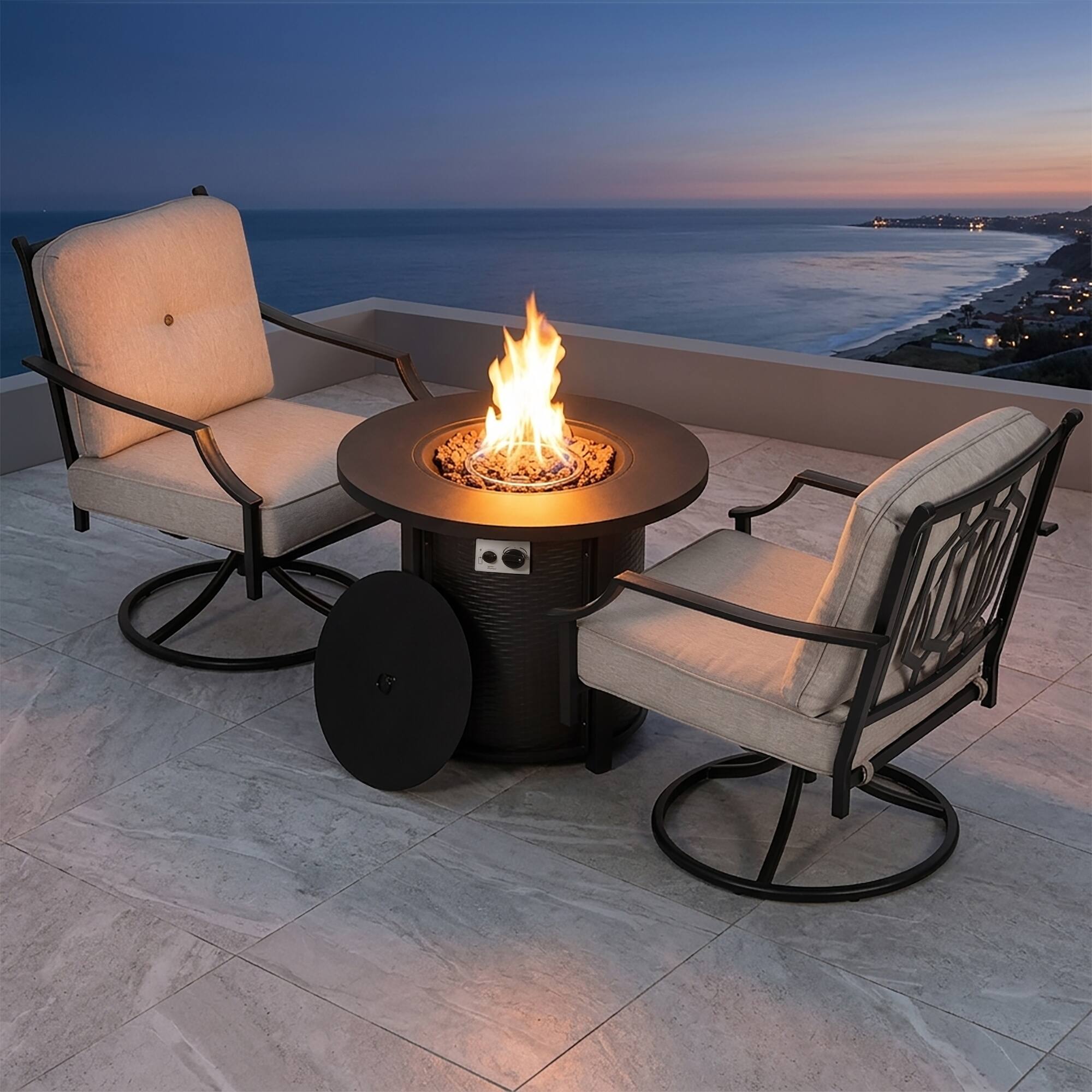 Left. Nuu Garden - 3-Piece Outdoor Fire Pit Set with 2 Swivel Sofas, CSA Certified - Black and Gray.
