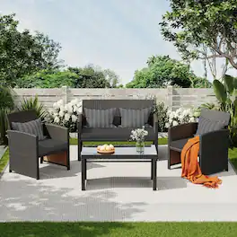 U-HOMY - All-Weather PE Rattan Patio Furniture Set – 4-Piece Wicker Sofa & Glass Coffee Table with Cushions - Dark Gray