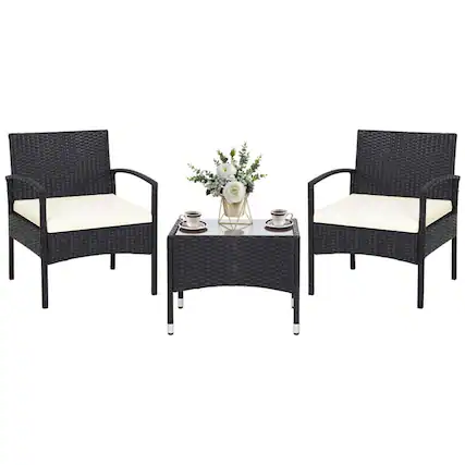 Front. Pefilos - 3 Pieces Wooden Patio Conversation Furniture Sets Sofa Chair with Cushion, Outdoor Garden Table for Yard and Bistro - Black.
