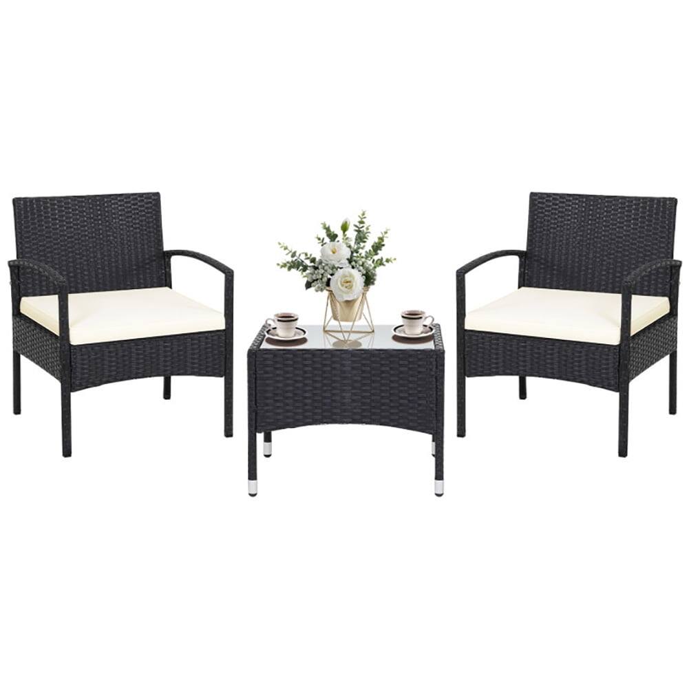 Front. Pefilos - 3 Pieces Wooden Patio Conversation Furniture Sets Sofa Chair with Cushion, Outdoor Garden Table for Yard and Bistro - Black.