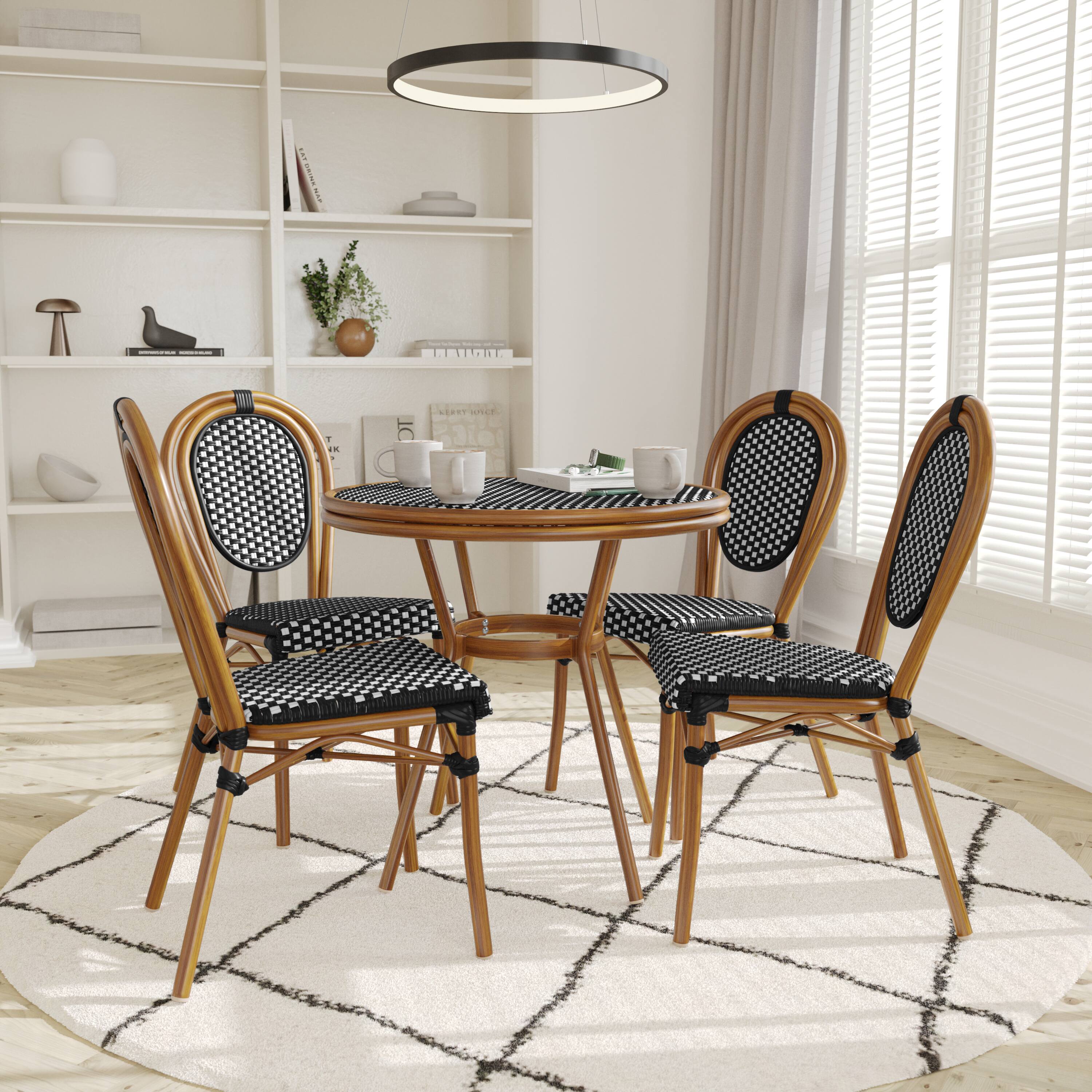 Alt View 1. Emma + Oliver - Colmar Indoor/Outdoor Bistro Style 31.5 in. Table with PE Rattan, Glass Top, and Four Chairs - Metal Frame - Black & White Rattan/Natural Frame.