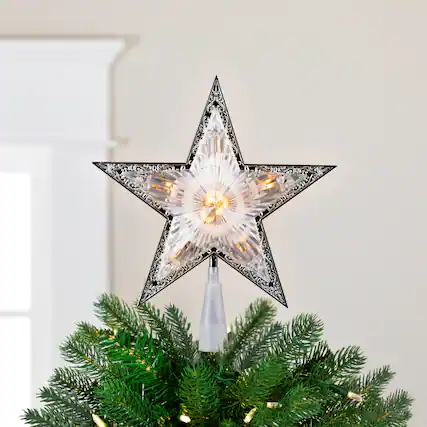 Front. Northlight - 9" Pre-Lit Silver and Clear Crystal 5 Point Star Christmas Tree Topper - Clear Lights - Silver.
