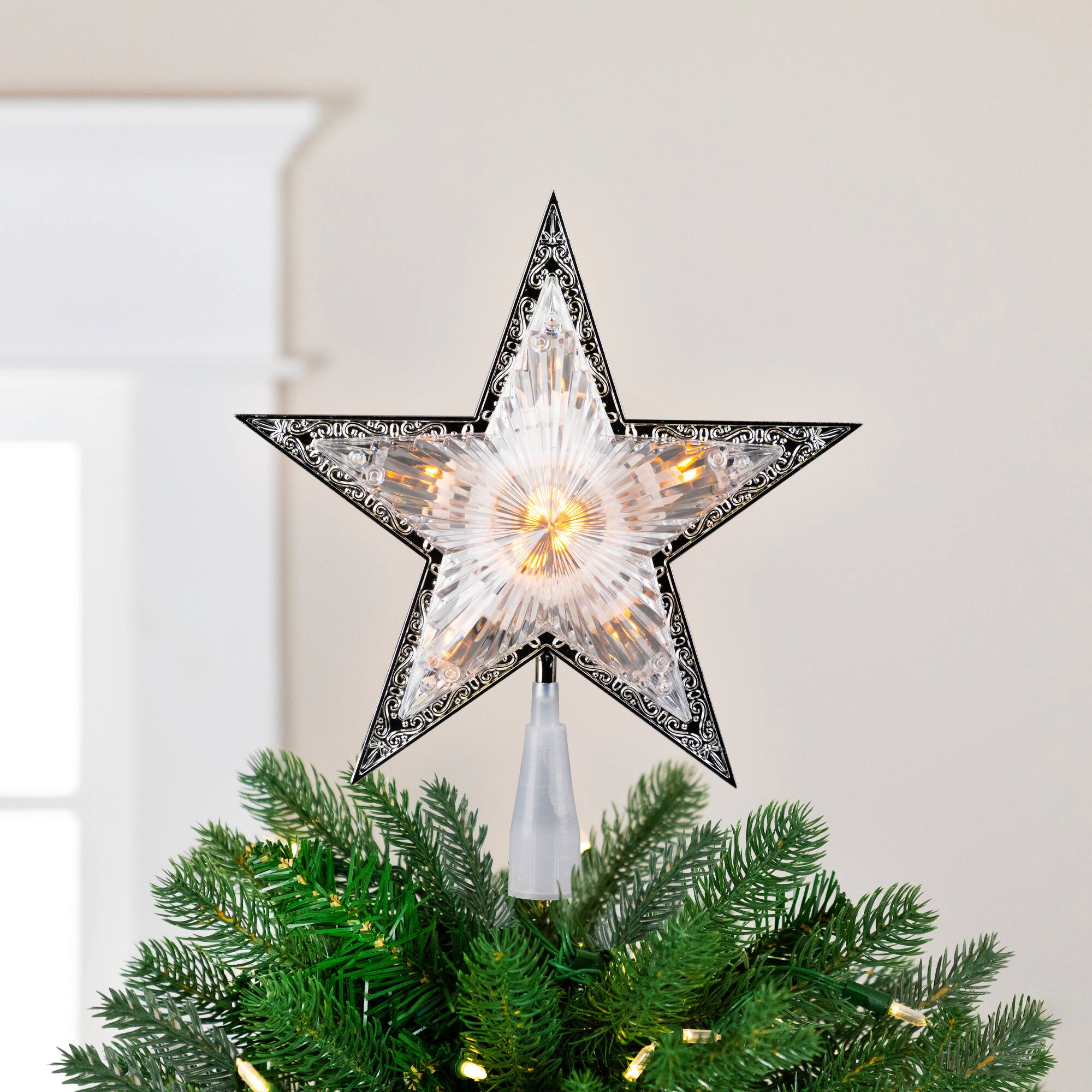 Front. Northlight - 9" Pre-Lit Silver and Clear Crystal 5 Point Star Christmas Tree Topper - Clear Lights - Silver.