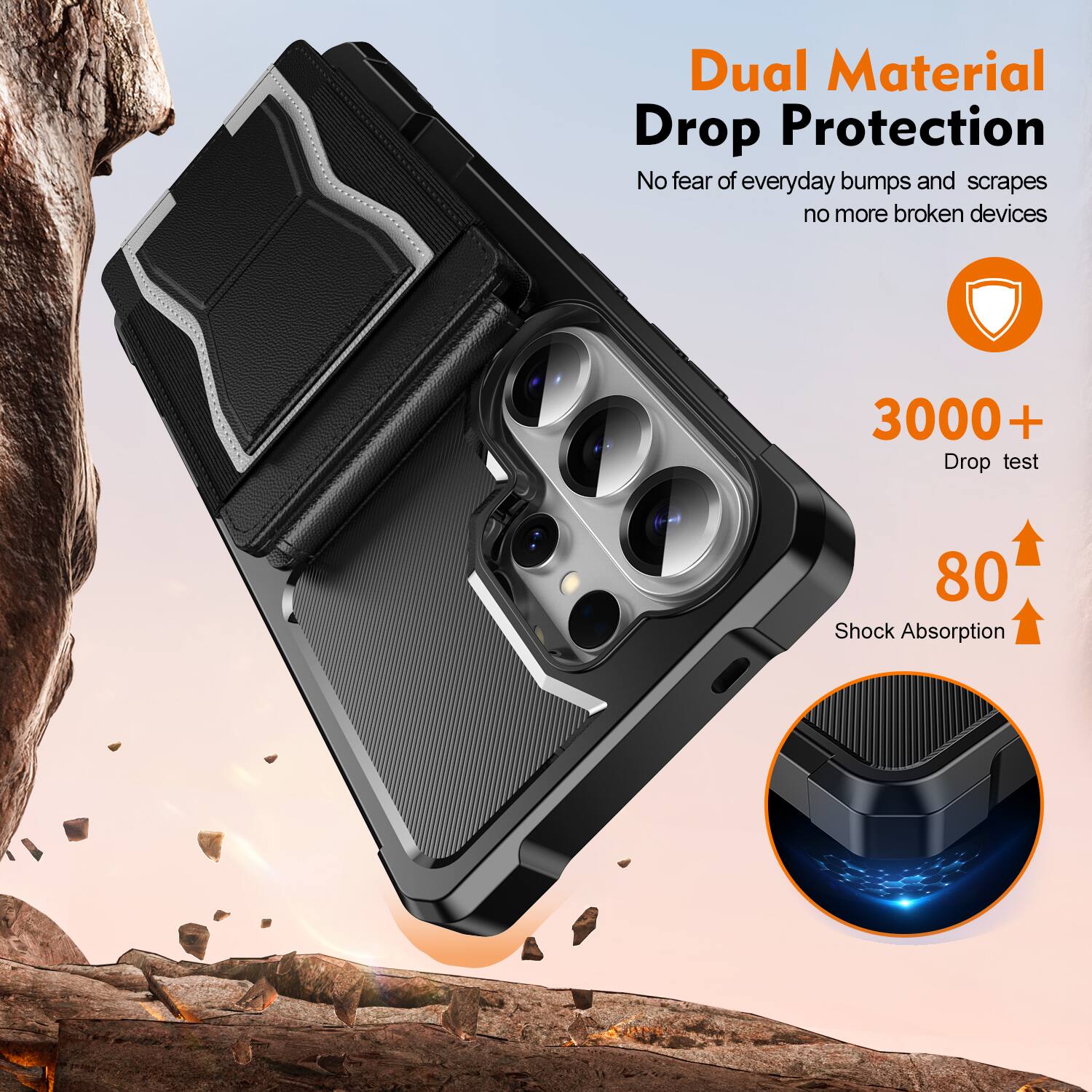 Dual Material Drop Protection  
No fear of everyday bumps and scrapes  
No more broken devices  

3000+ Drop test  
80 Shock Absorption