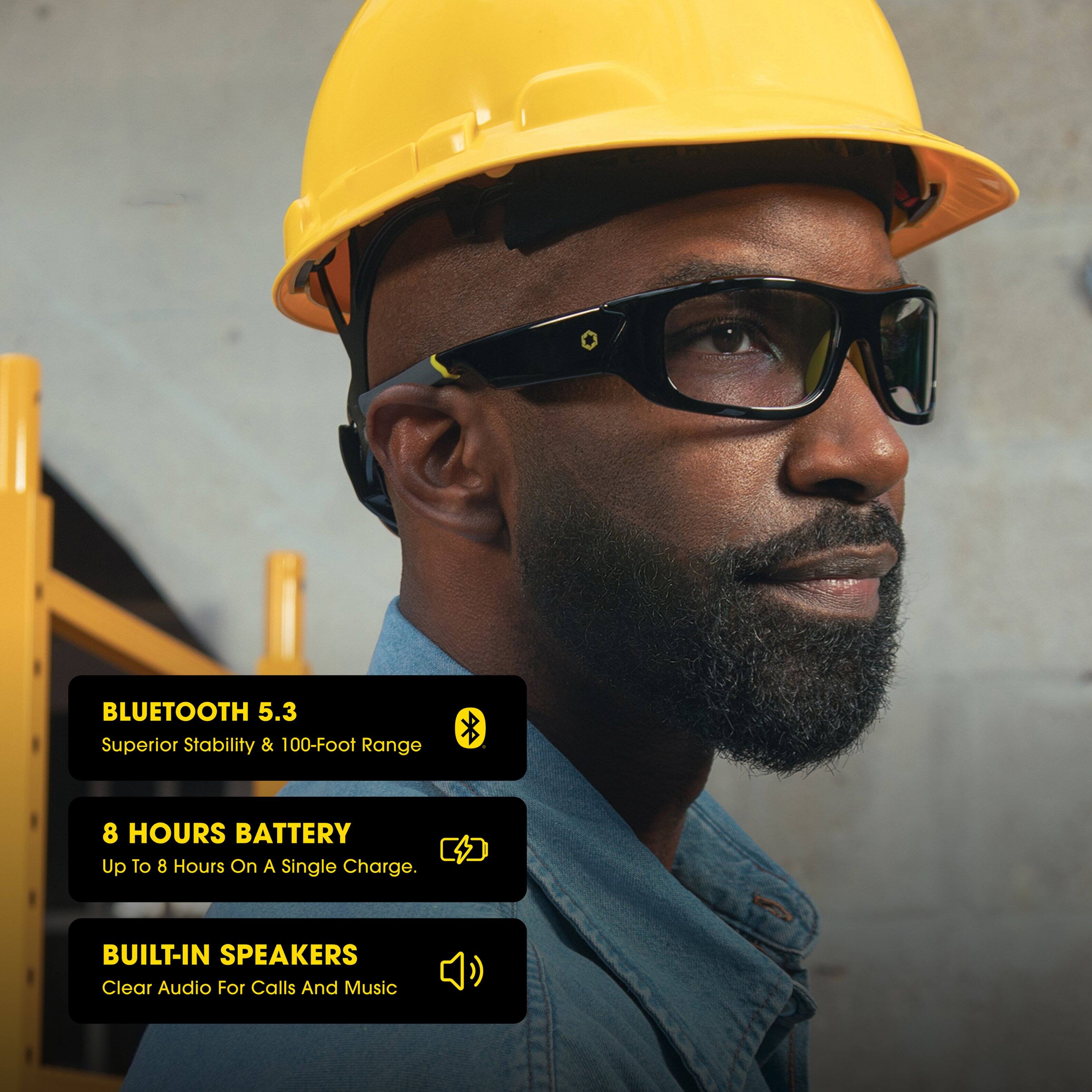 - BLUETOOTH 5.3  
  Superior Stability & 100-Foot Range

- 8 HOURS BATTERY  
  Up To 8 Hours On A Single Charge.

- BUILT-IN SPEAKERS  
  Clear Audio For Calls And Music