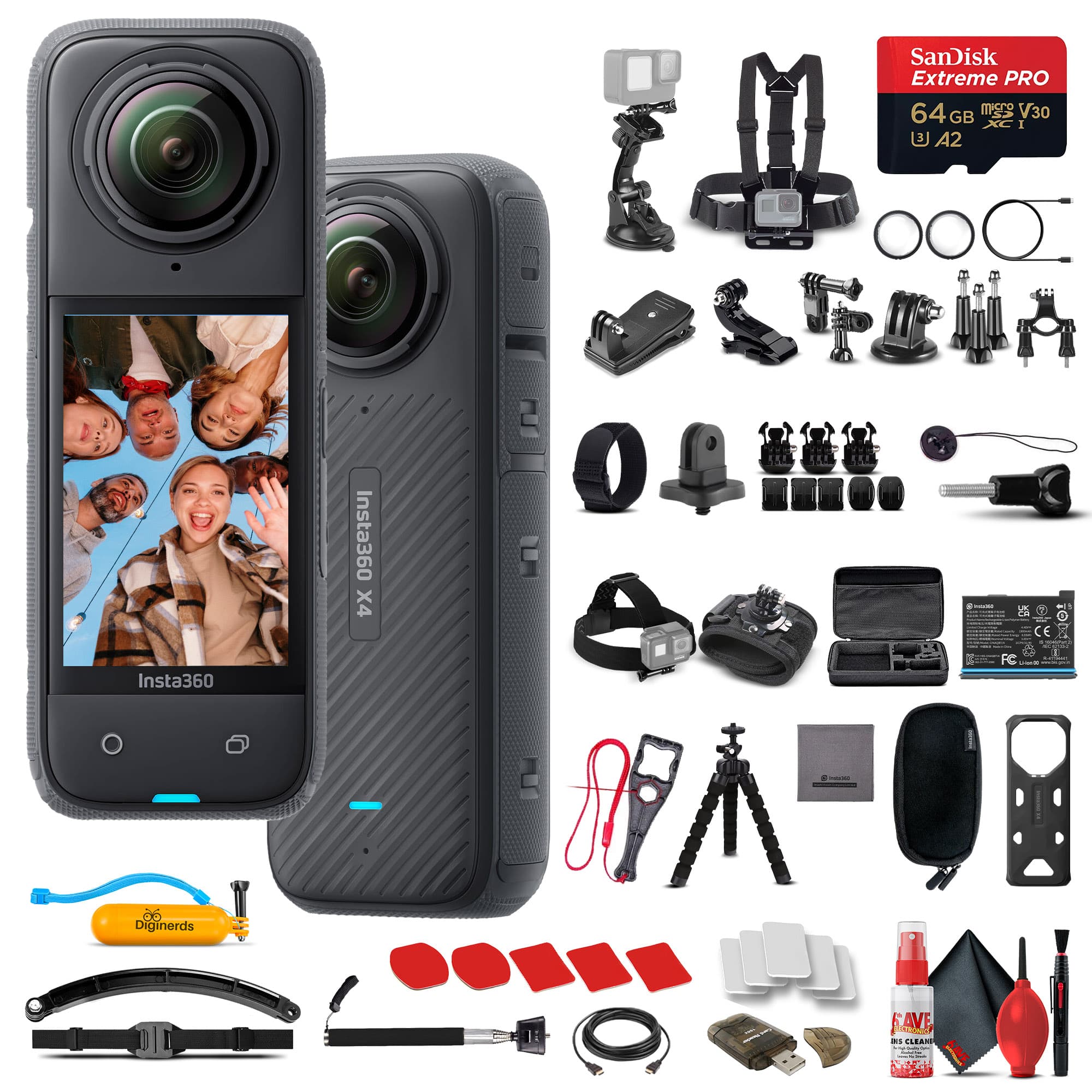 Insta360 - X4 - Waterproof 360 Action Camera + 50-in-1 Accessory Kit + 64GB Card Bundle - Black