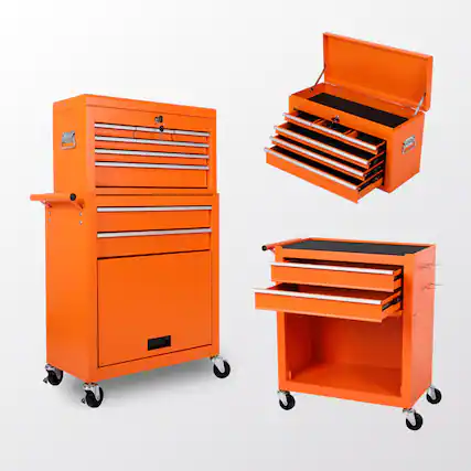 Front. Boyel Living - Orange Tool Chest, 8-Drawer Rolling Tool Storage Cabinet with 2 in 1 Detachable Top Tool Box.