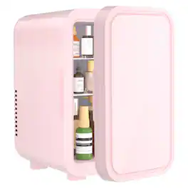 YASHE - 6L Mini Fridge, 8 cans, 110V AC/DC, portable thermoelectric cooler& warmer for skincare, beverages, car - Pink
