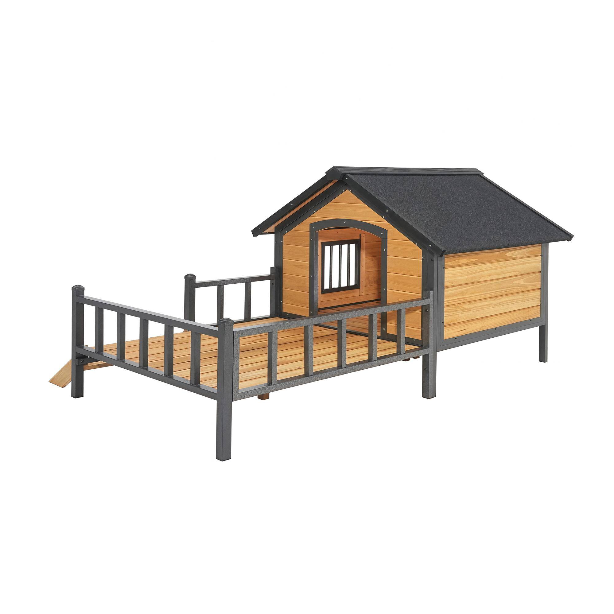 Left. Pefilos - 67" Wood Dog House for Medium Dogs, Outdoor and Indoor Cat Shelter, Weatherproof Pet Kennel with Porch.