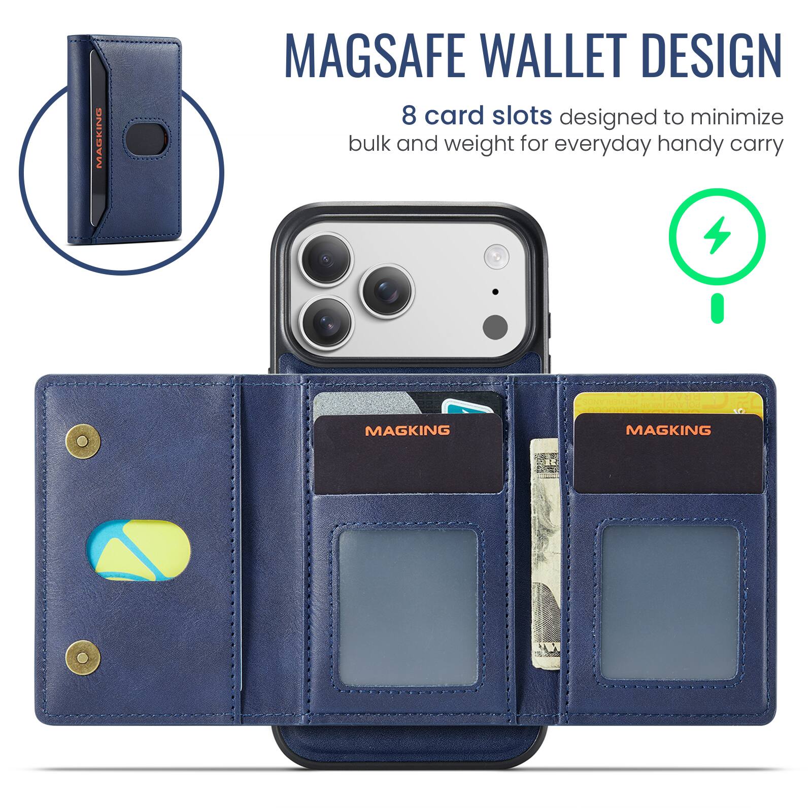 MAGSAFE WALLET DESIGN  
8 card slots designed to minimize bulk and weight for everyday handy carry  

BRAZIL NETHERLANDS  

MAGKING  
MAGKING  
LA