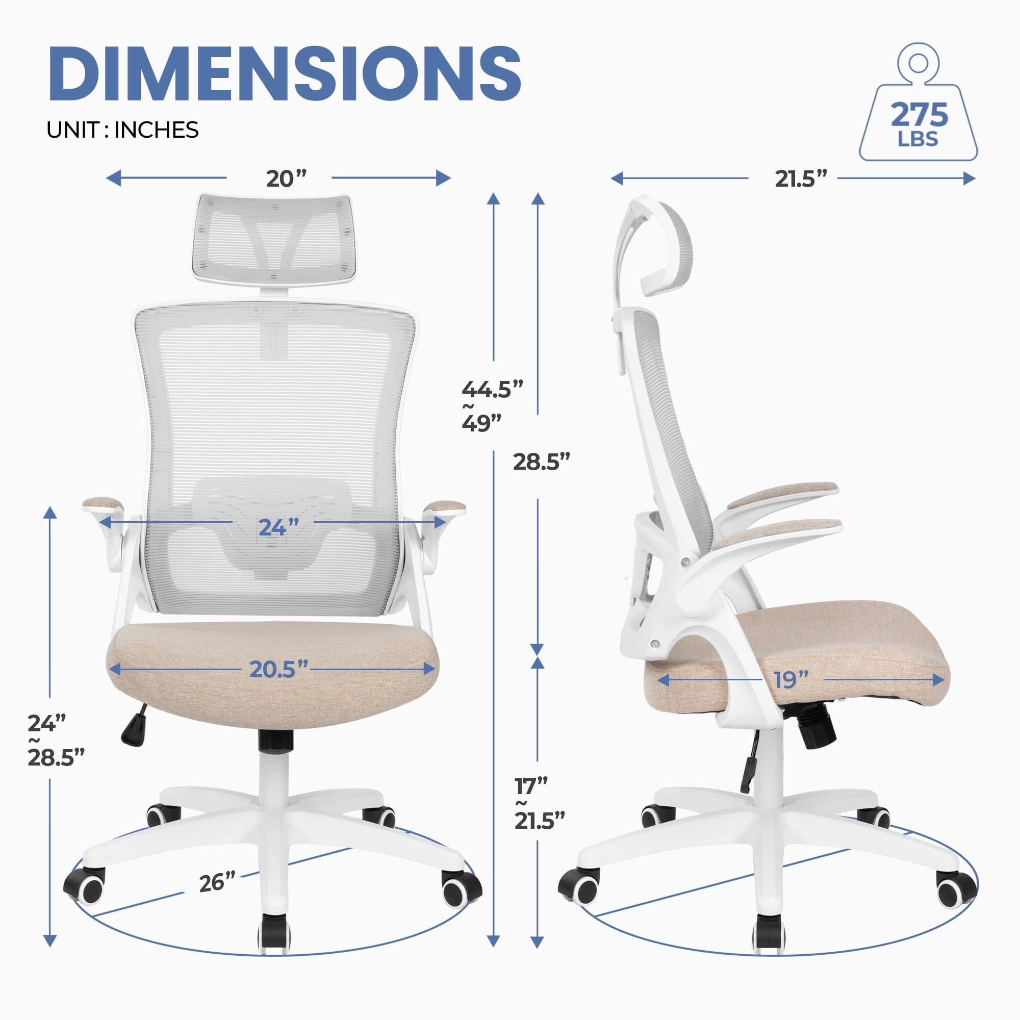 DIMENSIONS  
UNIT: INCHES  

- Width: 20"  
- Depth: 21.5"  
- Height: 44.5" - 49"  
- Seat Height: 28.5"  
- Seat Depth: 20.5"  
- Seat Width: 24"  
- Armrest Height: 24" - 28.5"  
- Base Diameter: 26"  
- Back Height: 17" - 21.5"  

Weight Capacity: 275 LBS