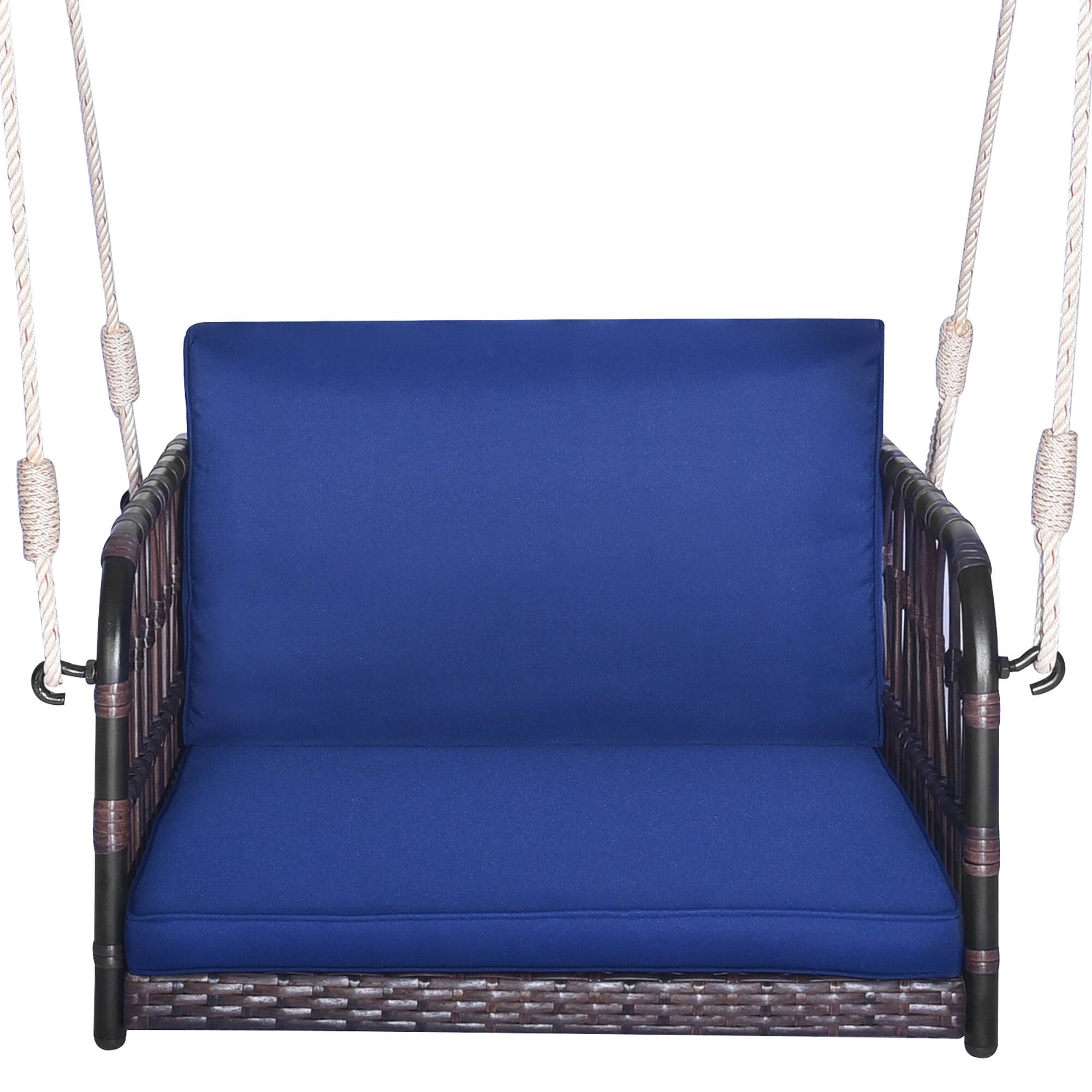 Alt View 9. Gymax - Gymax Patio Rattan Porch Swing Single Person Hanging Seat w/ Seat & Back Cushions Backyard - Mix Brown, Navy.