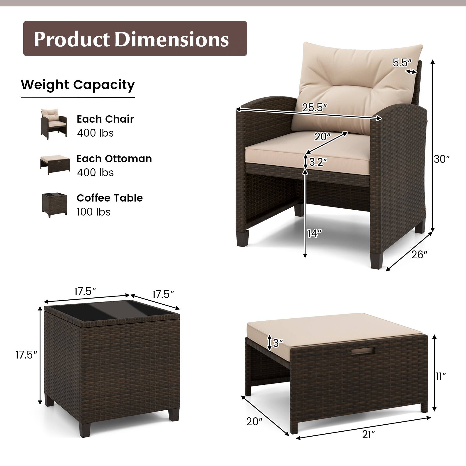 Product Dimensions

Weight Capacity

Each Chair
400 lbs
25.5" x 20" x 5.5"

Each Ottoman
400 lbs
3.2" x 30"

Coffee Table
100 lbs
17.5" x 17.5" x 17.5" x 13" x 11" x 20" x 21"