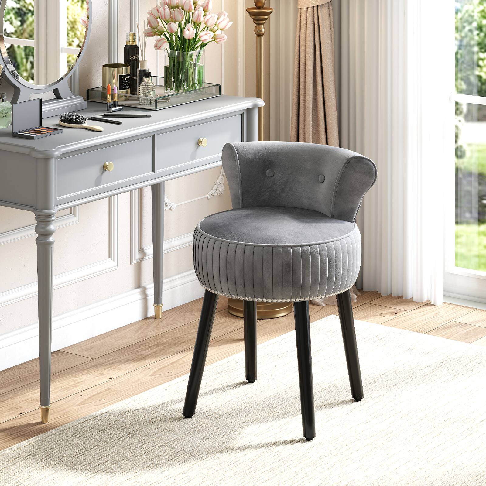Alt View 3. Gymax - Gymax Velvet Vanity Chair w/ Back Tufted Low Back & Solid Wood Legs for Bedroom Gray - Gray.