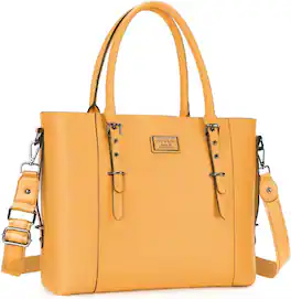 mosiso - Waterproof PU Leather Laptop Bag for Women 17.3 Inch, Vintage Briefcase Shoulder Tote Computer Bag for Work & Office - Mustard Yellow