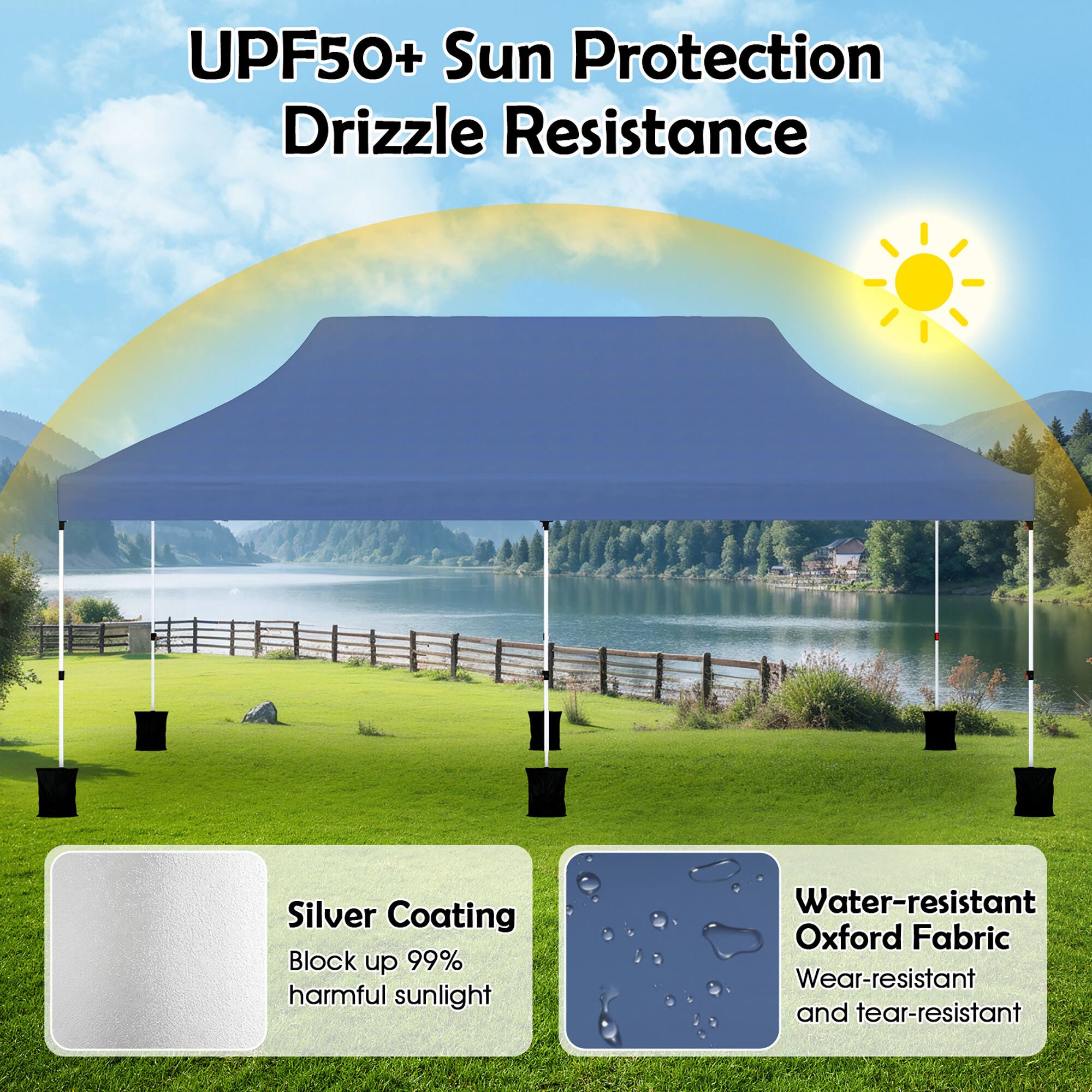 UPF50+ Sun Protection, Drizzle Resistance, Silver Coating, Block up to 99% harmful sunlight, Water-resistant Oxford Fabric, Wear-resistant and tear-resistant.