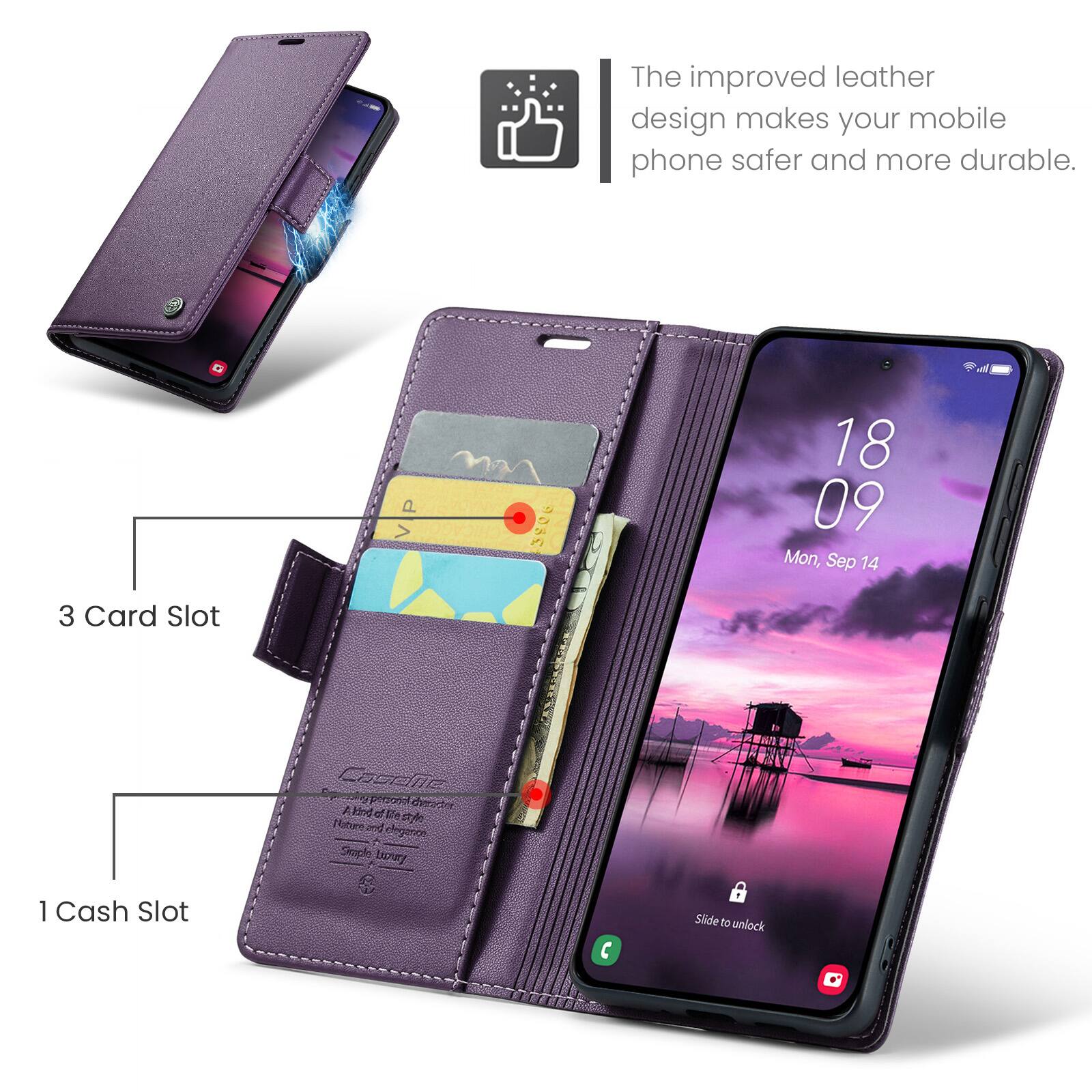 The improved leather design makes your mobile phone safer and more durable. G d 0. CHICAGOL  18 09 Mon, Sep 14 3 Card Slot ChOr E prved drectnd A Hod of 5le Motcre styl and egecion Scpple EAY 1 Cash Slot  Slide te unlock