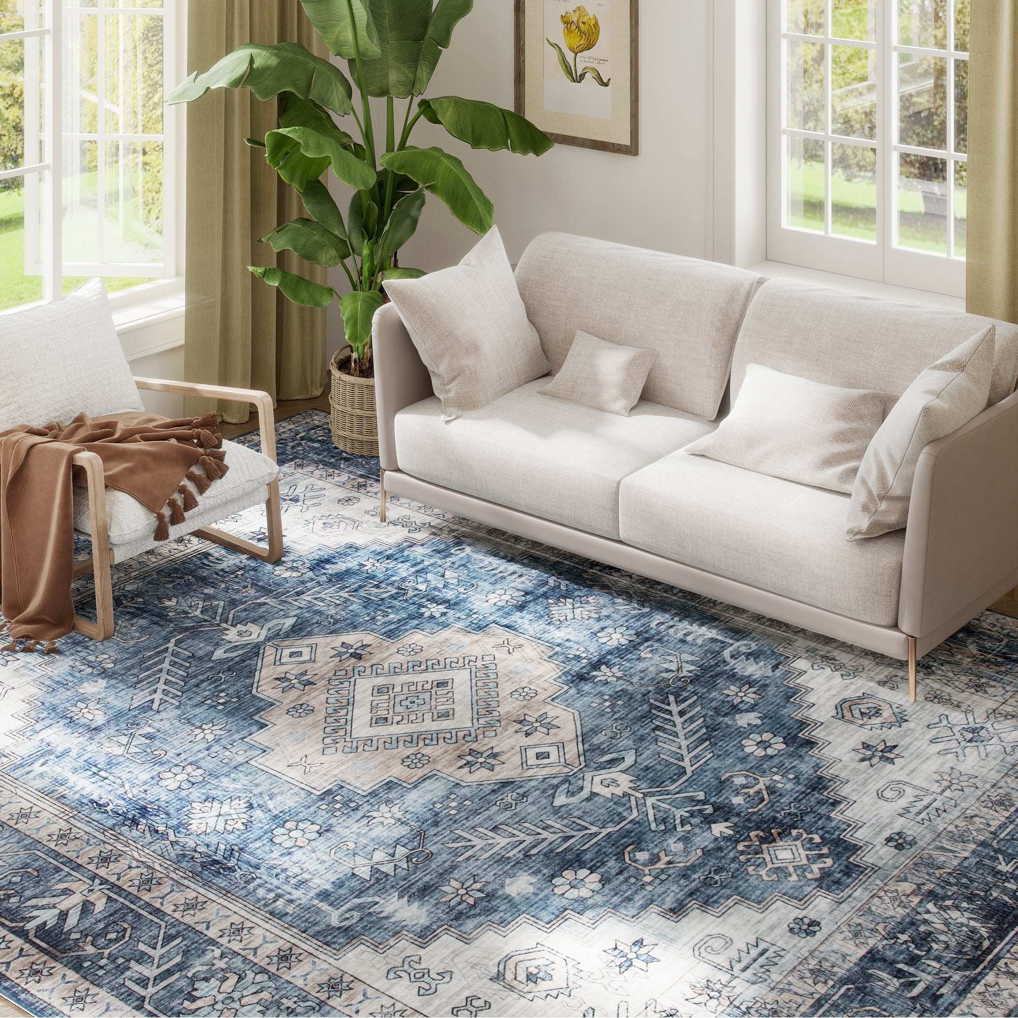 Homcom - 8x10 Vintage Carpet: Mach-Wash Distress Non-Slip Rug, Indoor Boho High Traffic - Blue