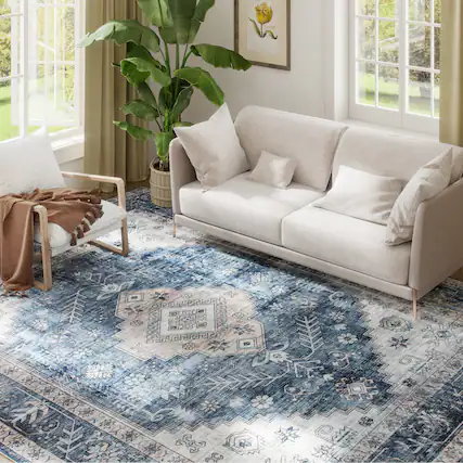 Front. Homcom - HOMCOM 8x10 Vintage Carpet: Mach-Wash Distress Non-Slip Blue Rug, Indoor Boho High Traffic - Blue.
