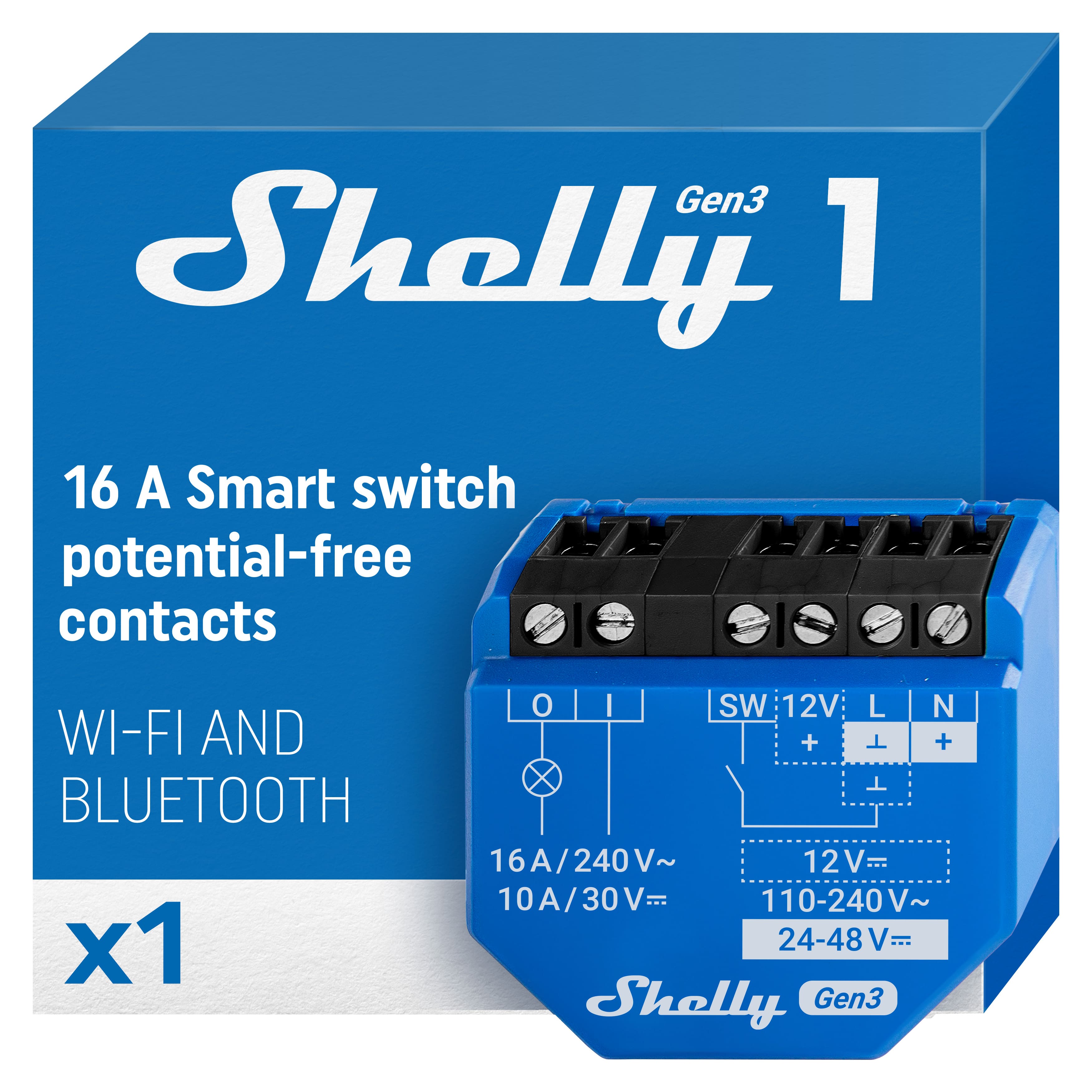 Shelly Gen3 1

16 A Smart switch potential-free contacts

WI-FI AND BLUETOOTH

x1

16A/240V~ 10A/30V~ 110-240V~ 24-48V~