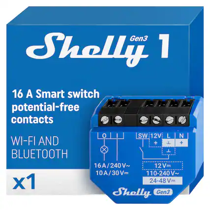 Shelly Gen3 1
16 A Smart switch potential-free contacts
WI-FI AND BLUETOOTH
x1
16A/240V~ 10A/30V~ 110-240V~ 24-48V~