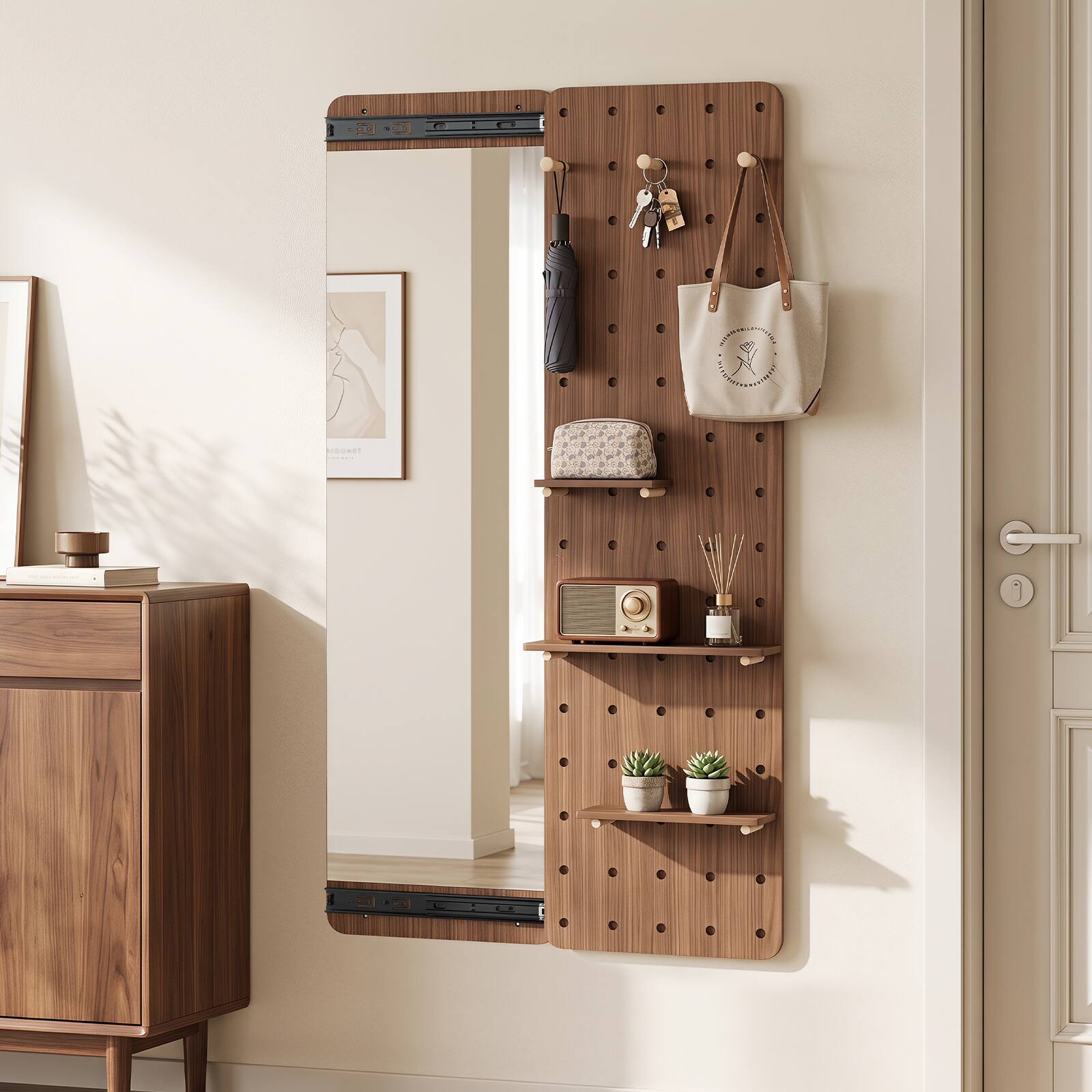 Alt View 3. Costway - Costway Solid Wood Full Length Mirror & Pegboard Storage Organizer with Sliding Pegboard - Brown.