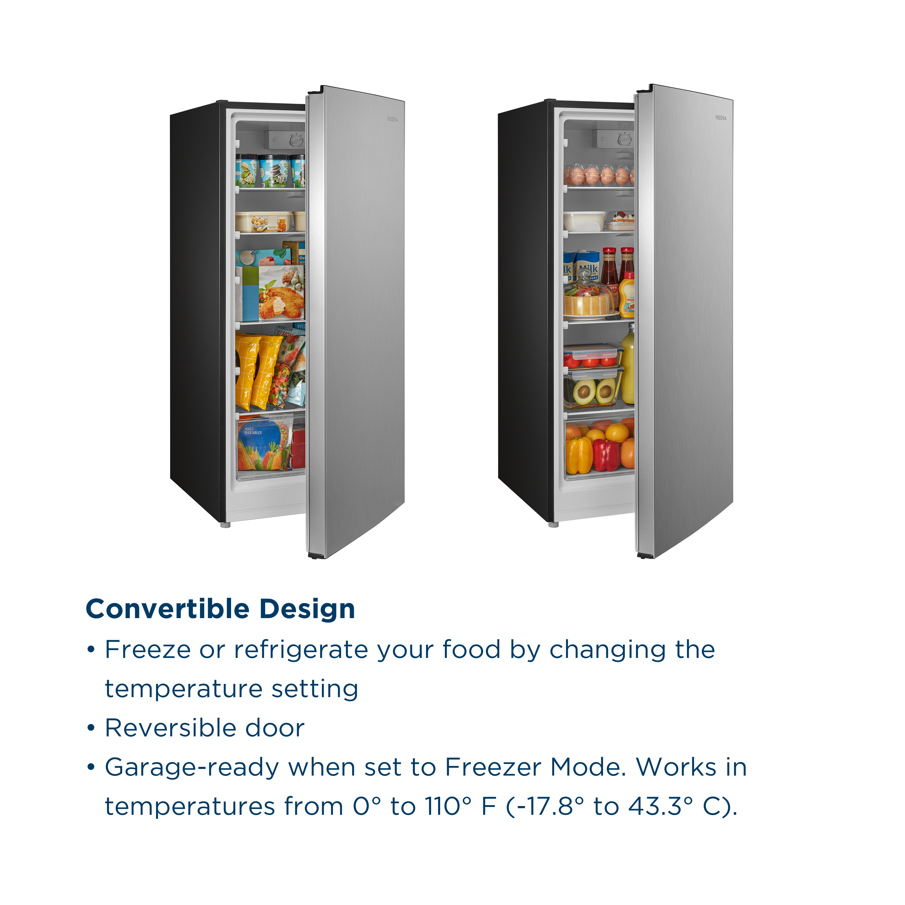 Convertible Design

- Freeze or refrigerate your food by changing the temperature setting
- Reversible door
- Garage-ready when set to Freezer Mode. Works in temperatures from 0° to 110° F (-17.8° to 43.3° C)