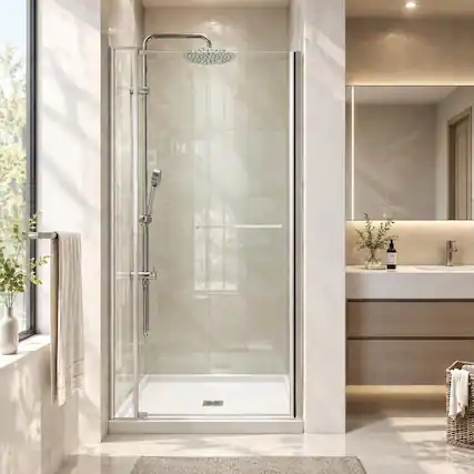 Front. RYHNUYNE - 28-32" W X 72" H Universal Pivot Shower Door With 1/4" And 5/16" Tempered Glass, Brushed Nickel Finish - Brushed Nickel.