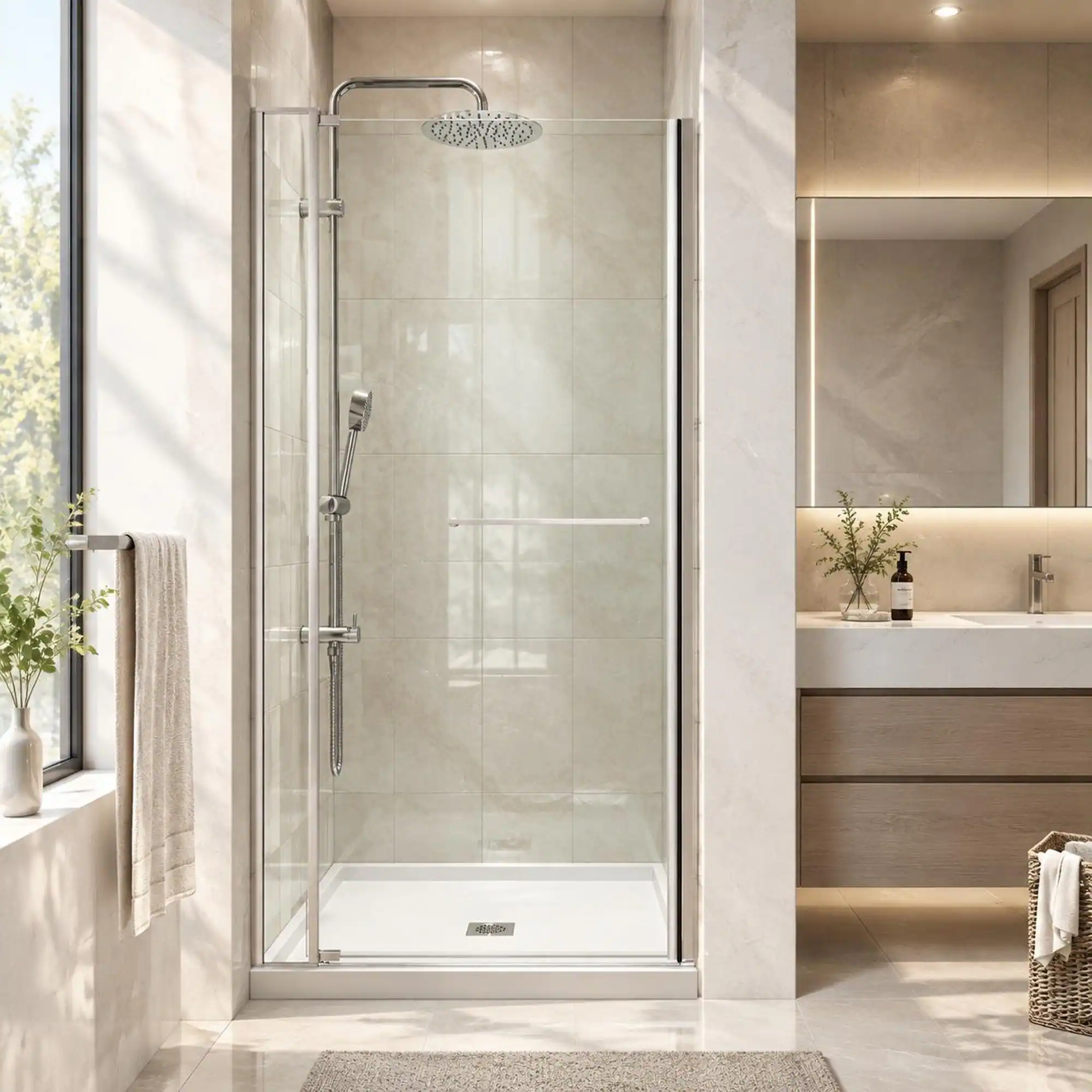 Front. RYHNUYNE - 28-32" W X 72" H Universal Pivot Shower Door With 1/4" And 5/16" Tempered Glass, Brushed Nickel Finish - Brushed Nickel.