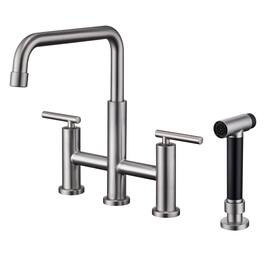 Double Handle 360 Degrees Rotation Bridge Kitchen Faucet with Pull-Out Side Sprayer, Ceramic Cartridge