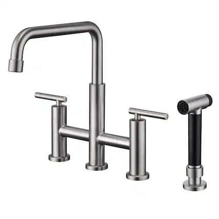 Front. Boyel Living - Double Handle 360 Degrees Rotation Bridge Kitchen Faucet with Pull-Out Side Sprayer, Ceramic Cartridge - Brushed Nickel.