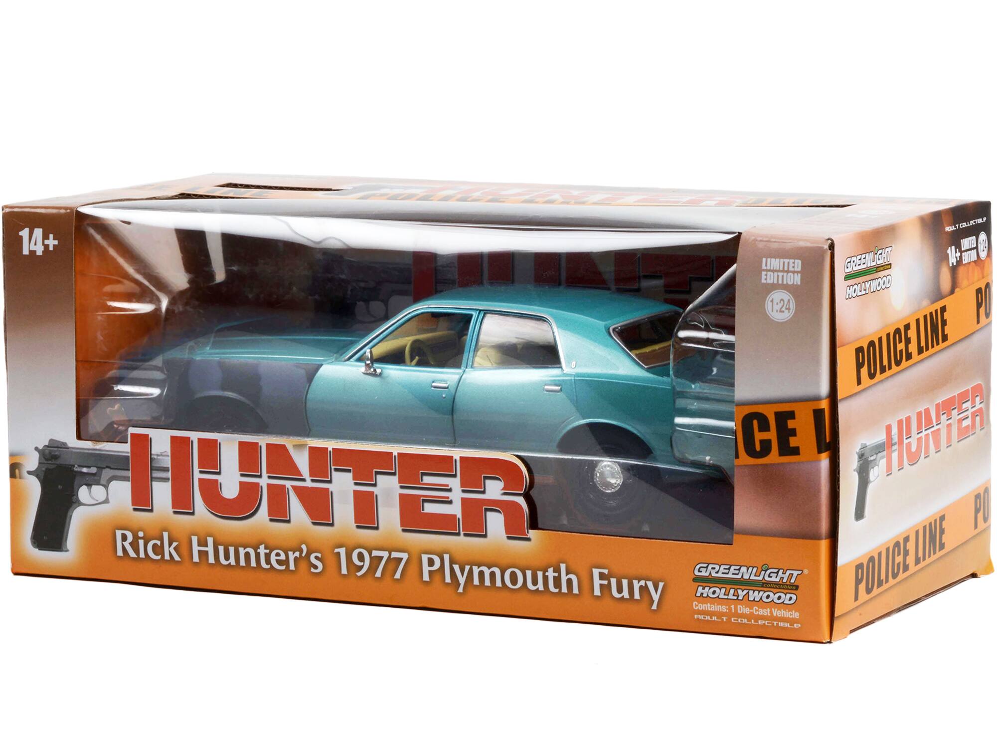 KOLL! CELPICTIR 14+ 1+ - 1 LIMITED GREENLIGHT BN EDITION HOLLYWOOD 1:24 PO POLICE LINE CE I HUNTER HUNTER LINE PO Rick Hunter's 1977 Plymouth GREENLIGHT POLICE Fury PvIO HOLLYWOOD Contains: 1 Die-Cast ROULT Vehicle COLLECTIBLE