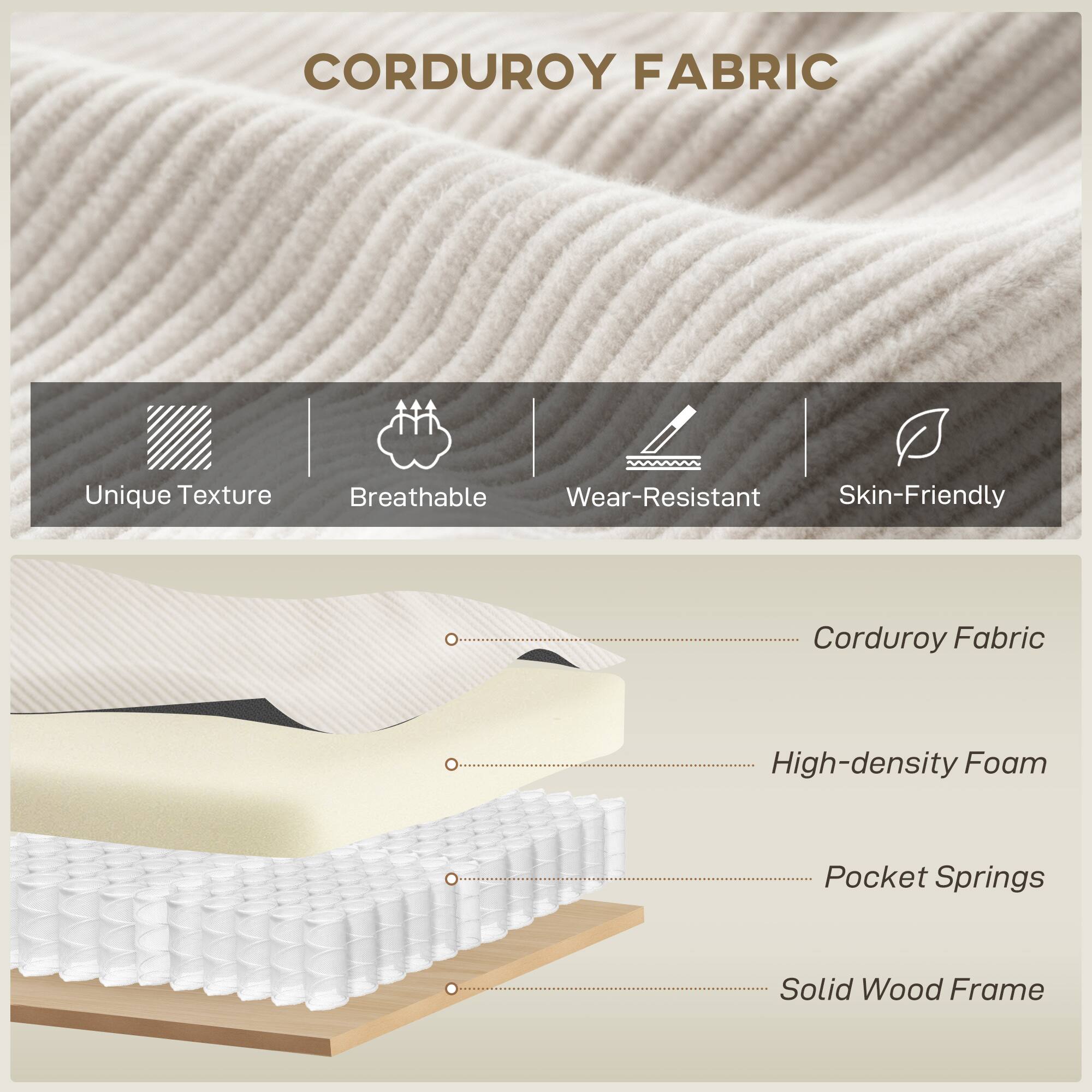 CORDUROY FABRIC

Unique Texture  
Breathable  
Wear-Resistant  
Skin-Friendly  

Corduroy Fabric  
High-density Foam  
Pocket Springs  
Solid Wood Frame