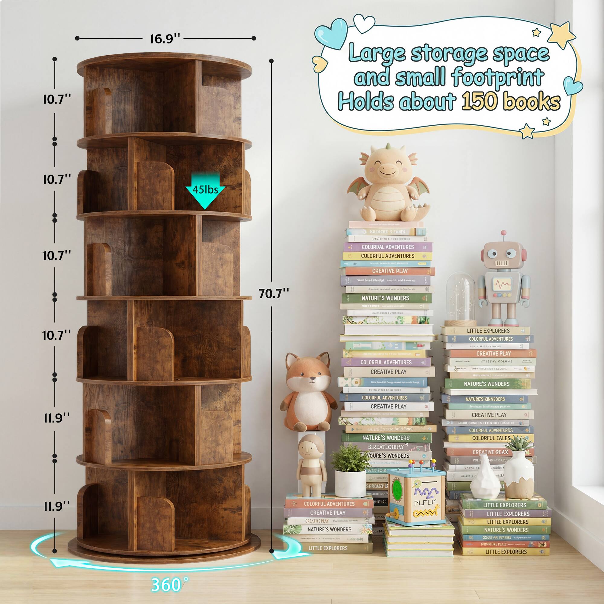 10.7" 16.9" Large storage space and small footprint Holds about 150 books

10.7" 45lbs

REDMOI AS

10.7" 70.7" COLUBAL ADVENTURES

CULORFUL ADVENTURES

CREATIVE PLAY

NATURE'S WONDERS

10.7" LITTLE EXPLORERS

COLORFUL ADVENTURES

CREATIVE PLAY

11.9" COLORFUL ADVENTURES

CREATIVE PLAY

NATURE'S WONDERS

11.9" WAT A

COLORFUL ADVENTURES

CREATIVE PLAY

LITTLE EXPLORERS

360