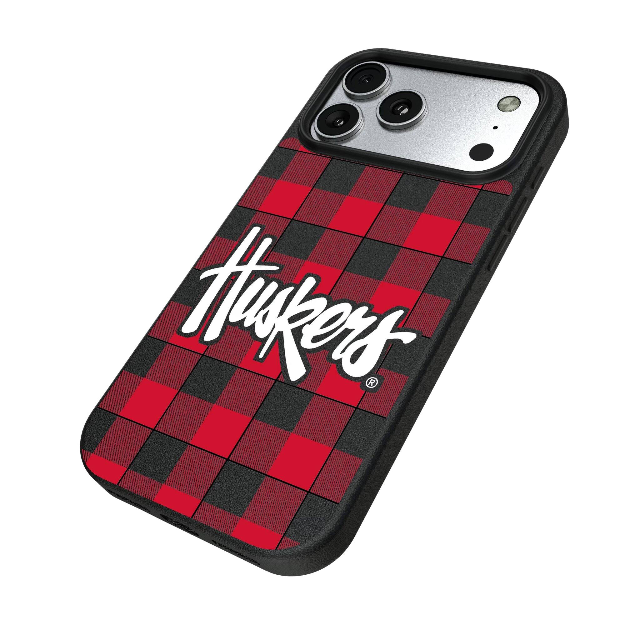 Alt View 1. Keyscaper - Nebraska Huskers Plaid Magnetic Bump iPhone Case - 15 - Black.