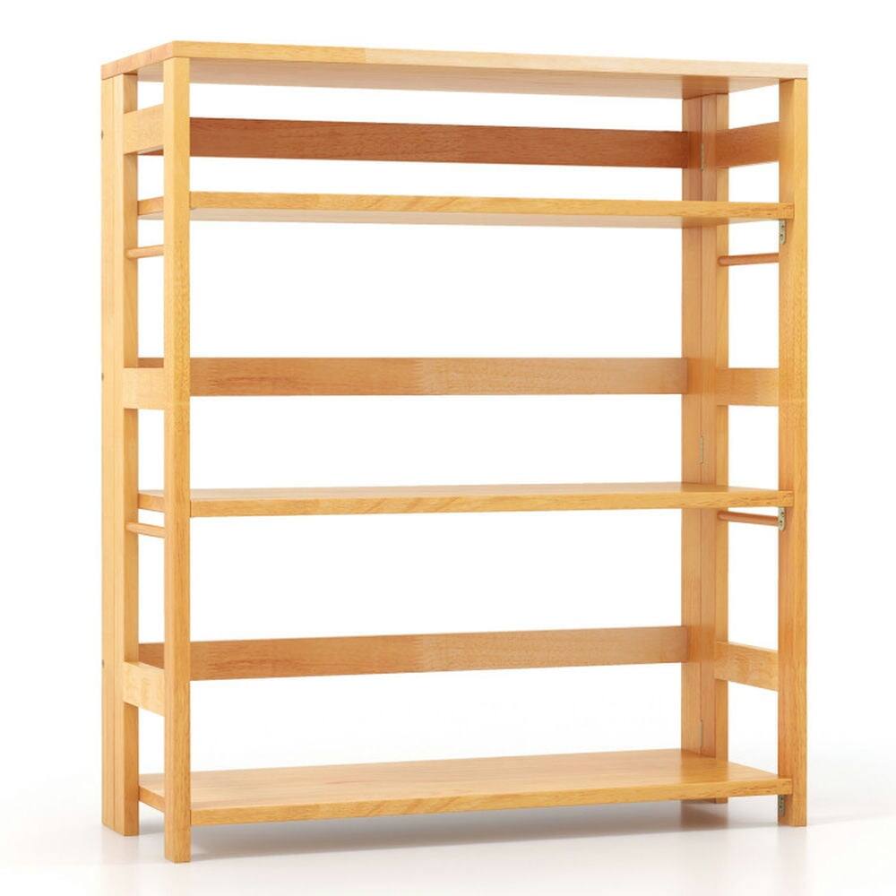 Front. Pefilos - 4-Tier Bookshelf Rubber Wood Bookcase with Side Fences for Living Room-29.5 inches, High Bookshelf - Brown.