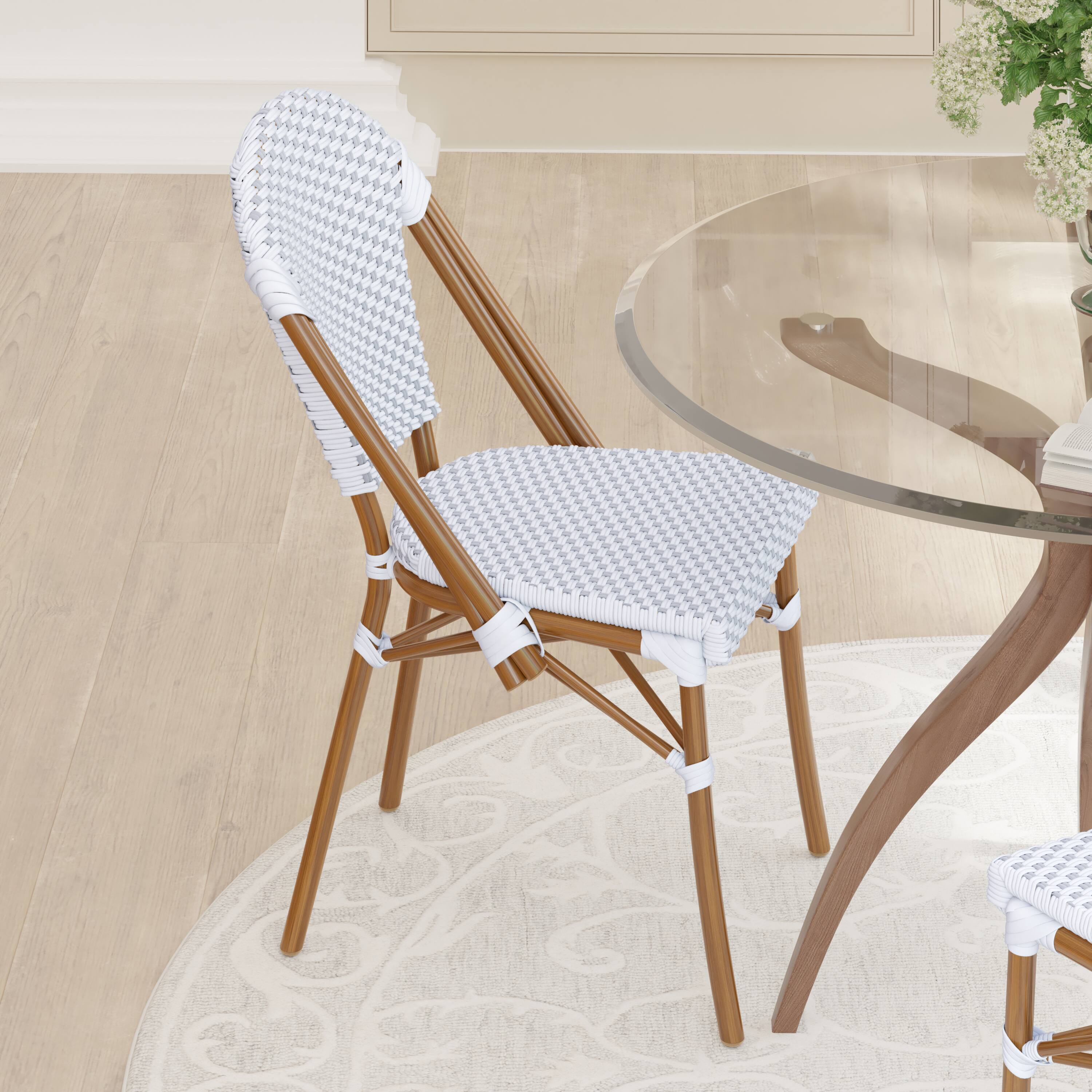 Alt View 4. Emma + Oliver - Colmar Indoor/Outdoor Stacking Bistro Chairs with Aluminum Frame - White & Gray/Natural Frame.