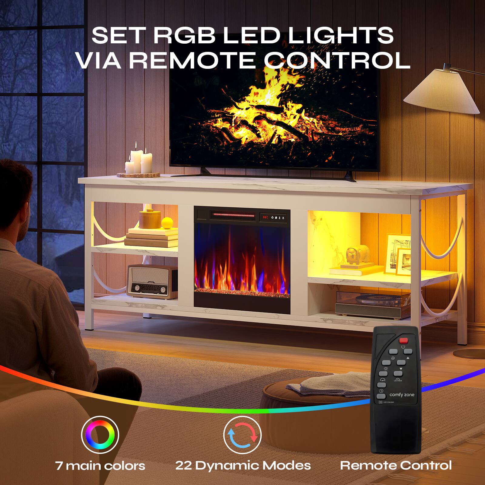 SET RGB LED LIGHTS VIA REMOTE CONTROL

7 main colors  
22 Dynamic Modes  
Remote Control